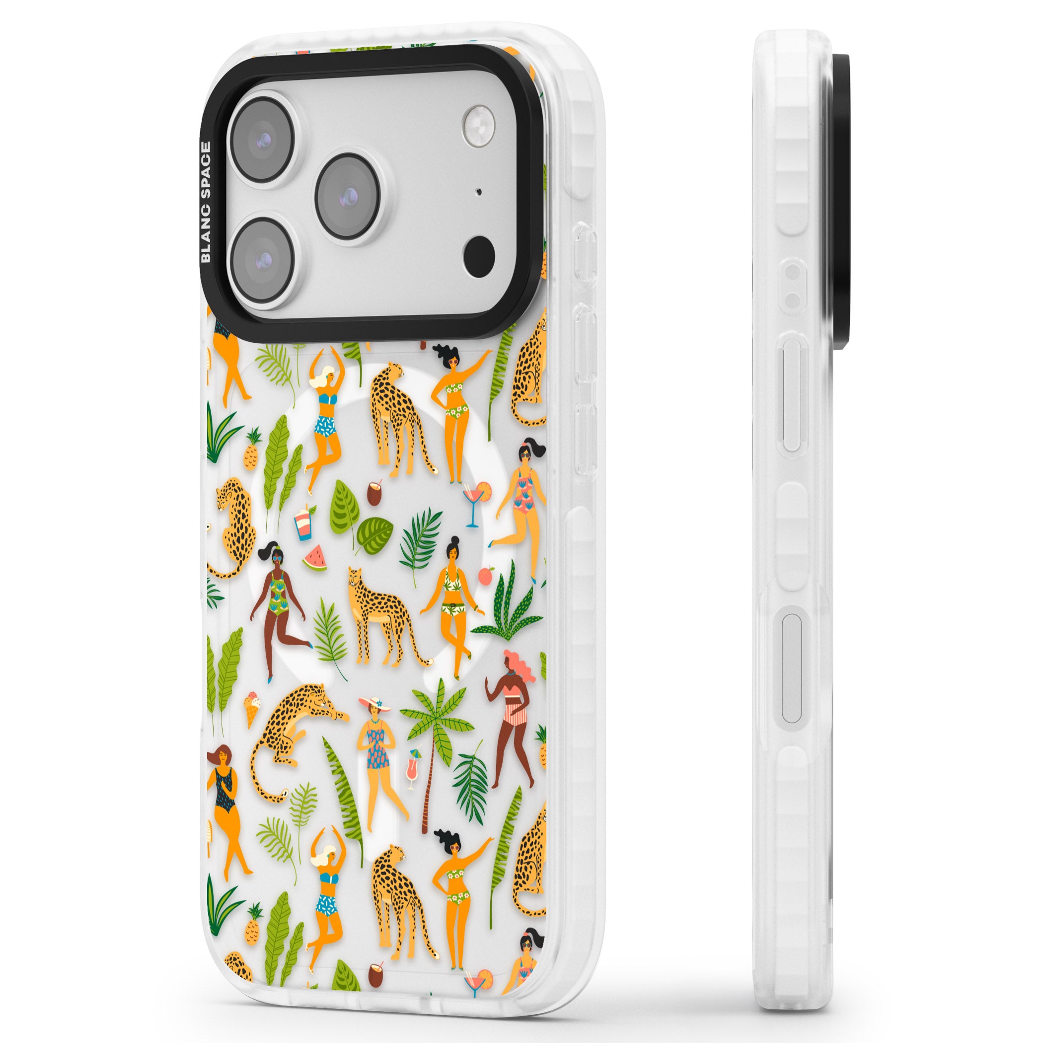 Tropical Party Vibes iPhone 17 Pro Impact Pro Clear Phone Case Side Profile