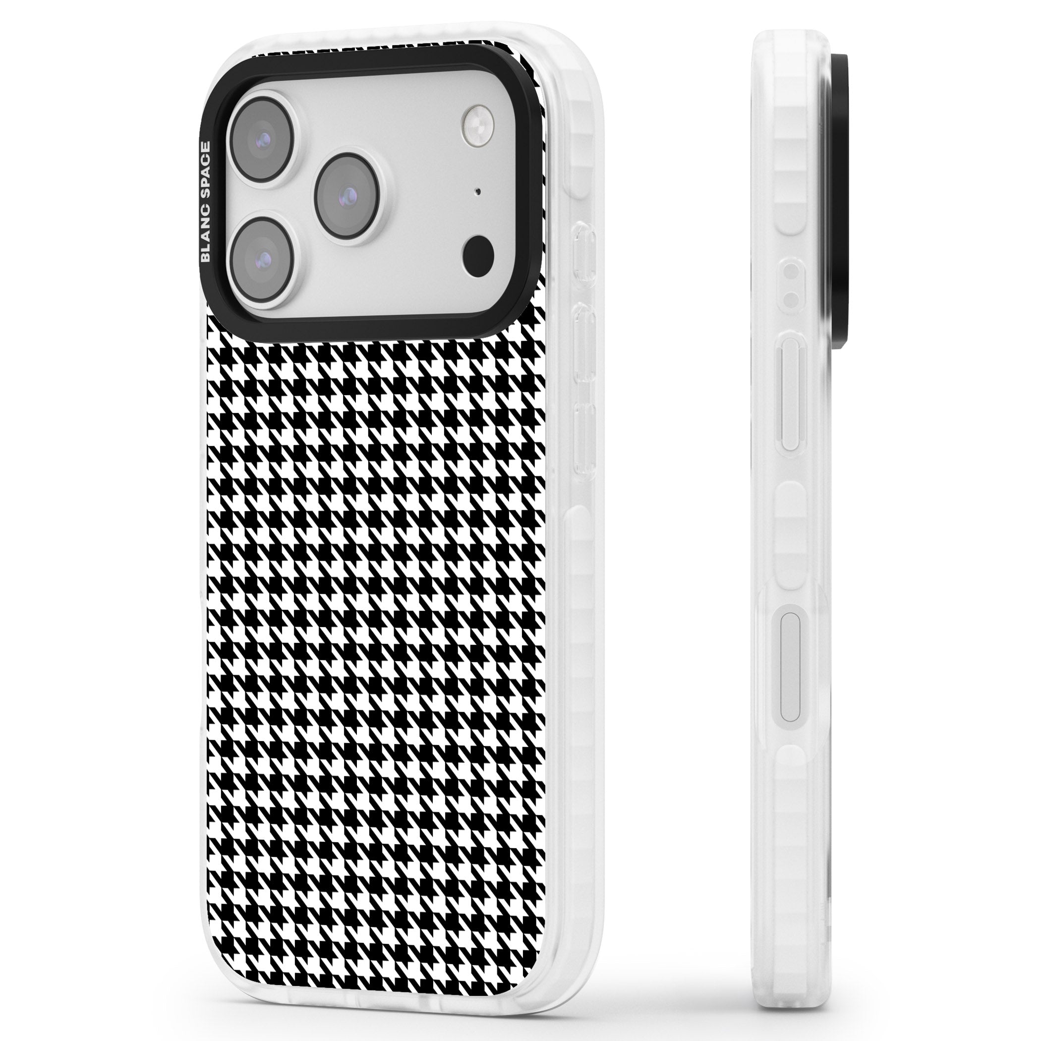 Black Houndstooth Pattern iPhone 17 Pro Impact Pro Clear Phone Case Side Profile