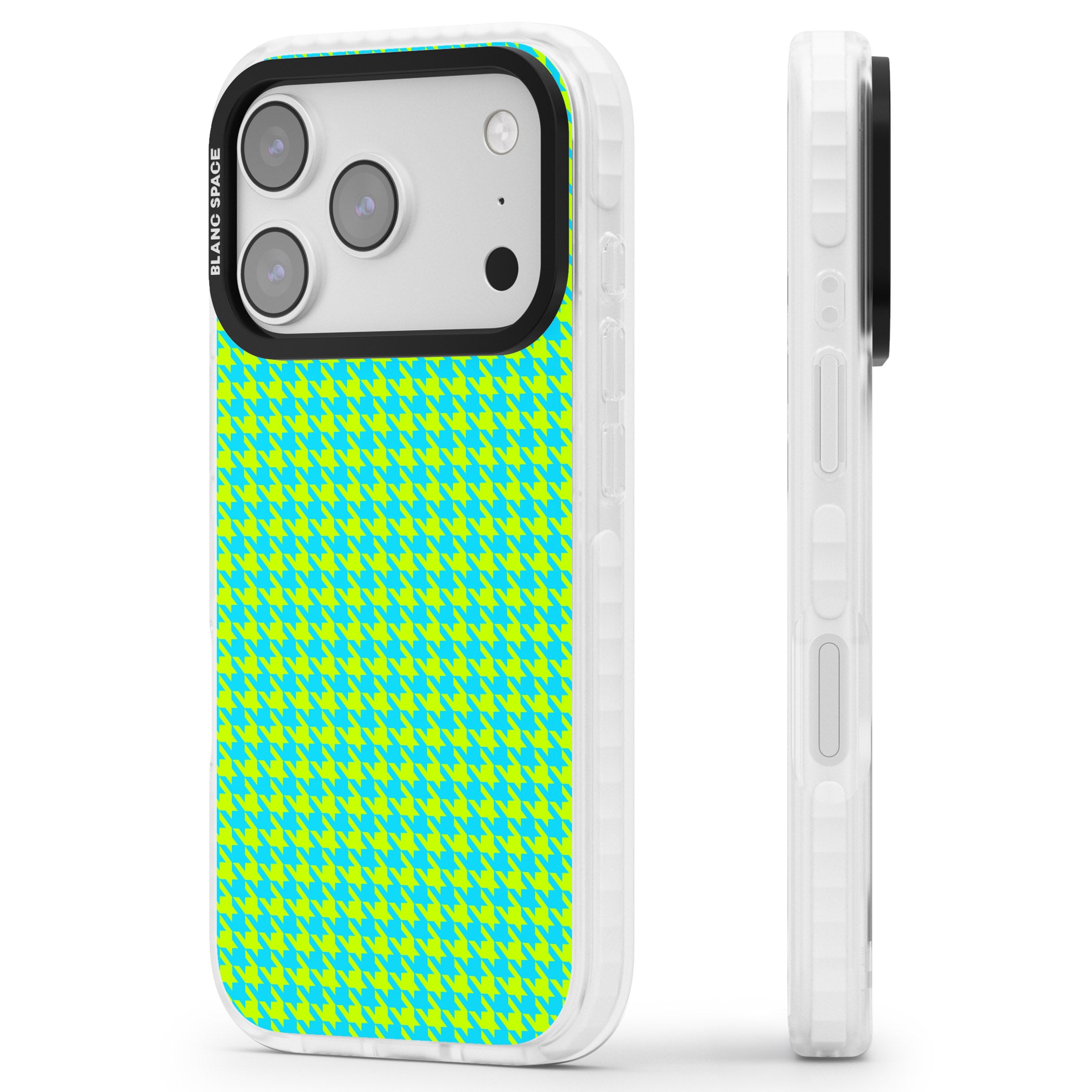 Neon Lime & Turquoise Houndstooth iPhone 17 Pro Impact Pro Clear Phone Case Side Profile