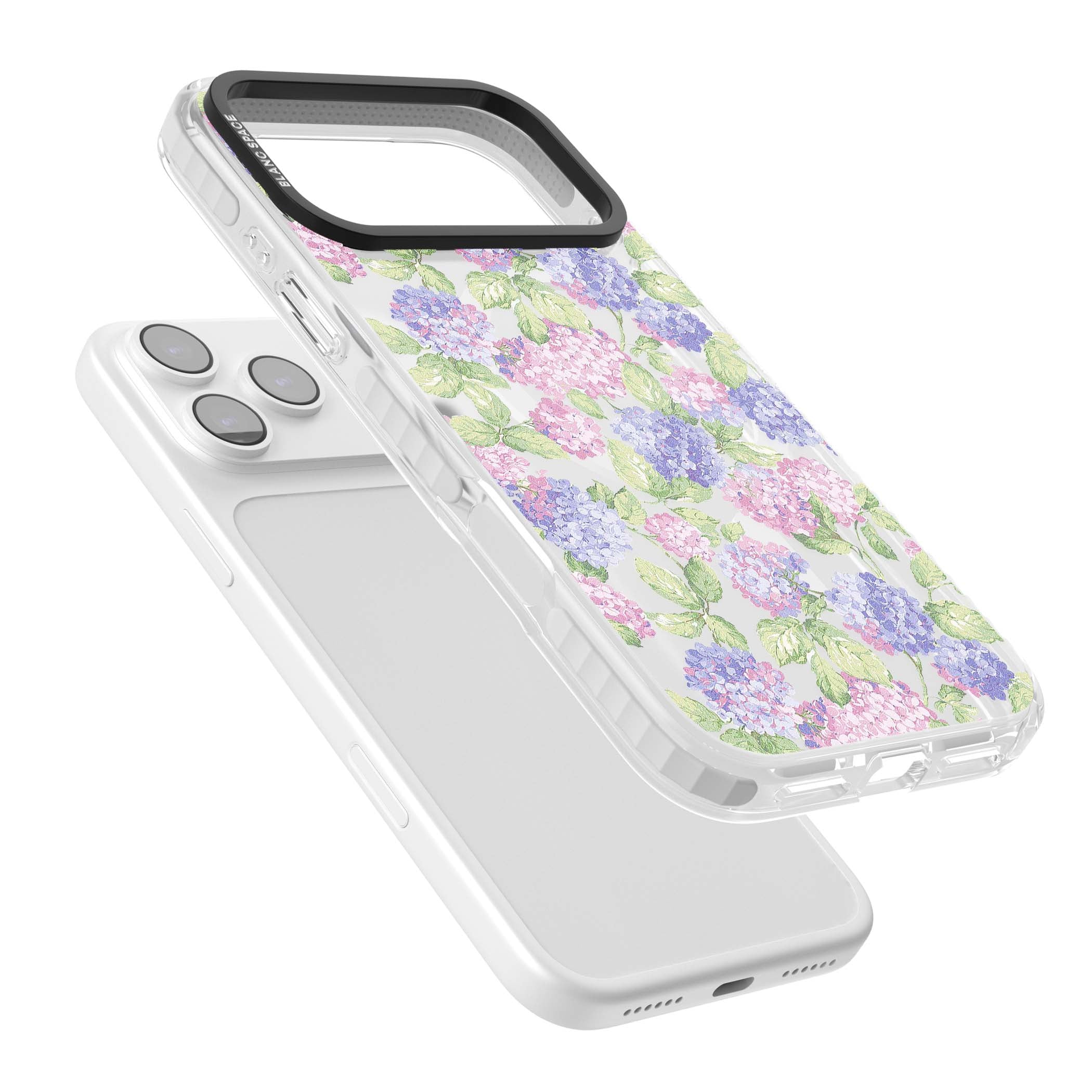 Cottage Hydrangea cottagecore iPhone case featuring pink and purple hydrangea blooms with green leaves on a clear background | Impact Magsafe case for iPhone 17 Pro, iPhone 17 Pro Max