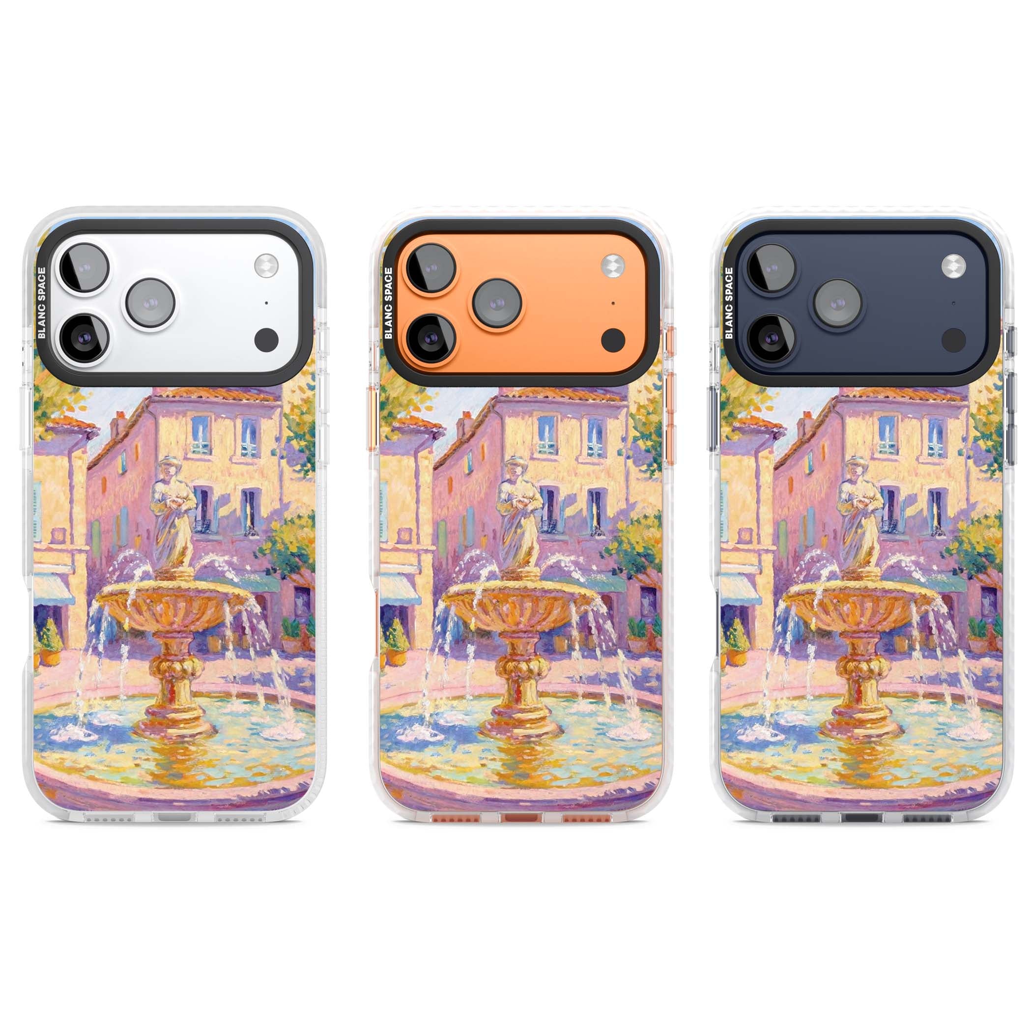 Fountain Square fine art iPhone case featuring an impressionist Provençal fountain, pastel village buildings and summe | Impact Magsafe case for iPhone 17 Pro, iPhone 17 Pro Max
