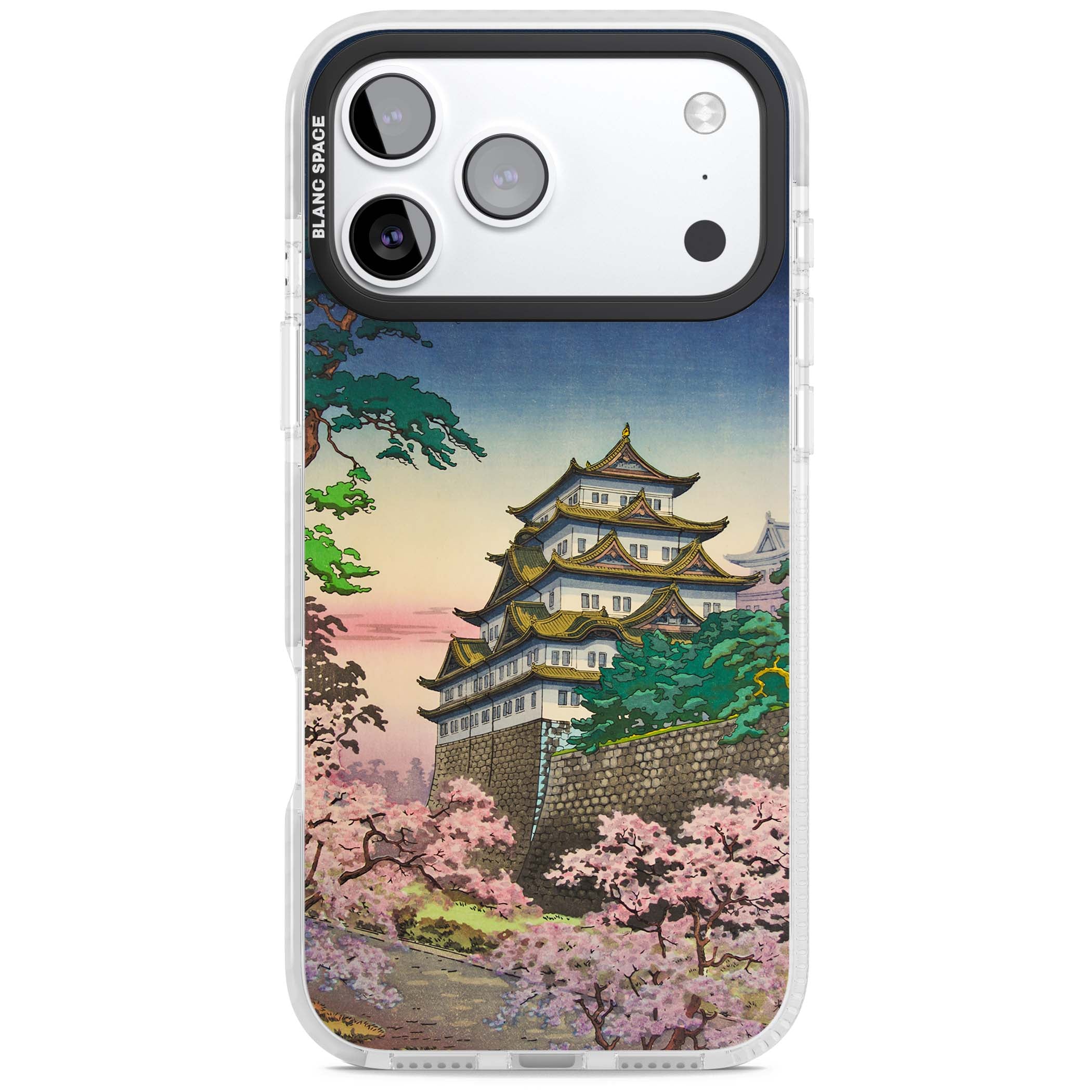 Nagoya Castle Japanese iPhone case featuring a vintage pagoda, twilight sky and cherry blossom trees | Impact Magsafe case for iPhone 17 Pro, iPhone 17 Pro Max