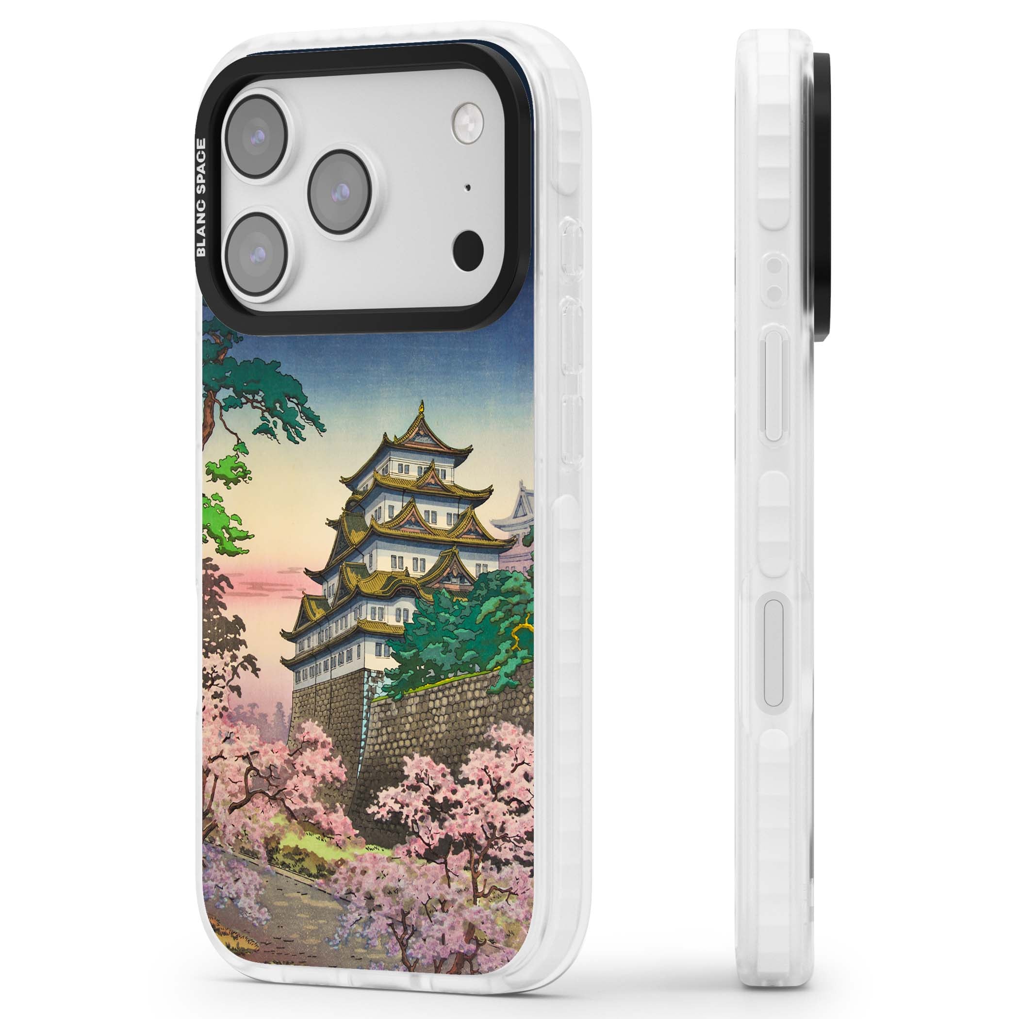 Nagoya Castle Japanese iPhone case featuring a vintage pagoda, twilight sky and cherry blossom trees | Impact Magsafe case for iPhone 17 Pro, iPhone 17 Pro Max