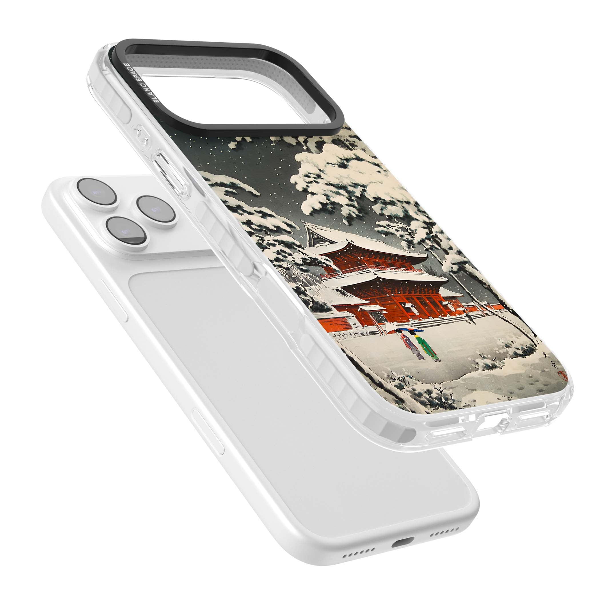Snow at Shiha Park, Tokyo Japanese art iPhone case featuring a vintage ukiyo-e snowy temple, red pagoda, and snow-covered pin | Impact Magsafe case for iPhone 17 Pro, iPhone 17 Pro Max
