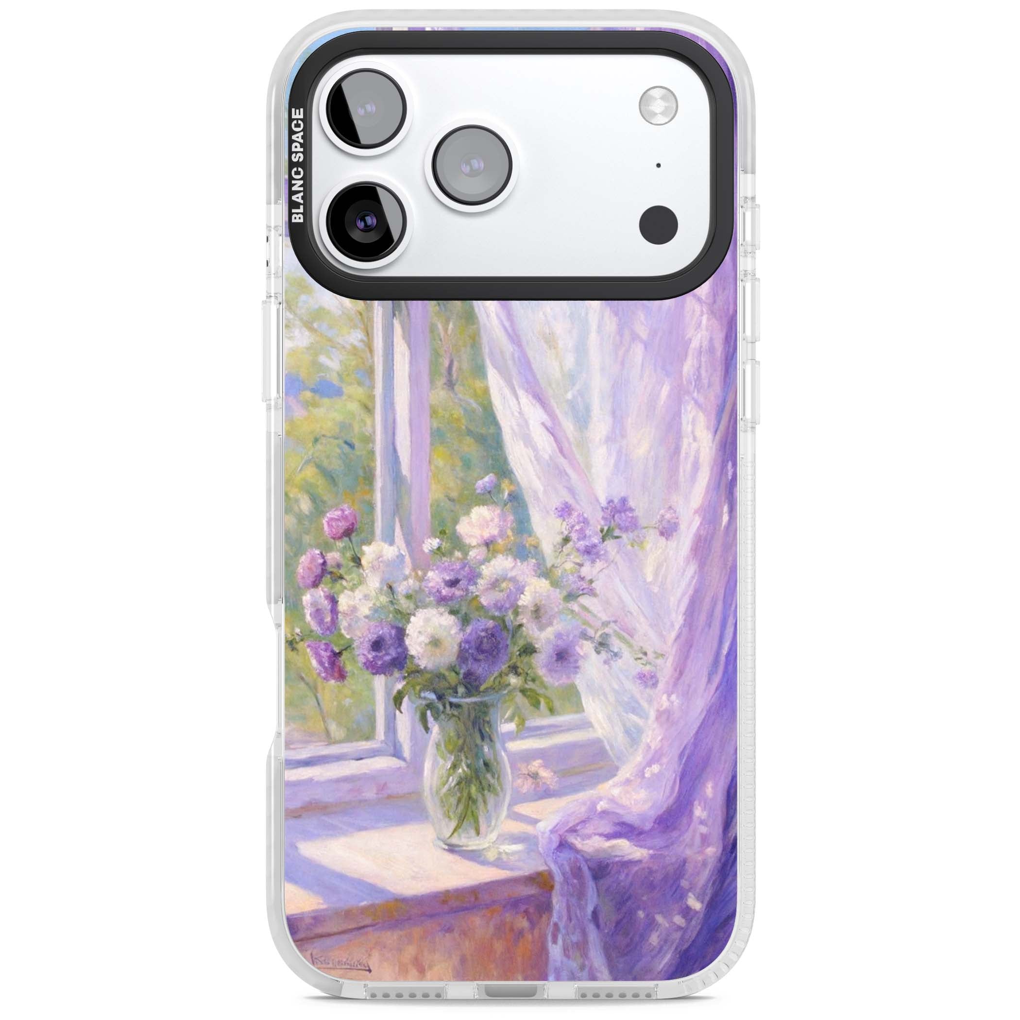 A Provence Morning impressionist art iPhone case featuring a vase of purple flowers, sunlit window and sheer curt | Impact Magsafe case for iPhone 17 Pro, iPhone 17 Pro Max