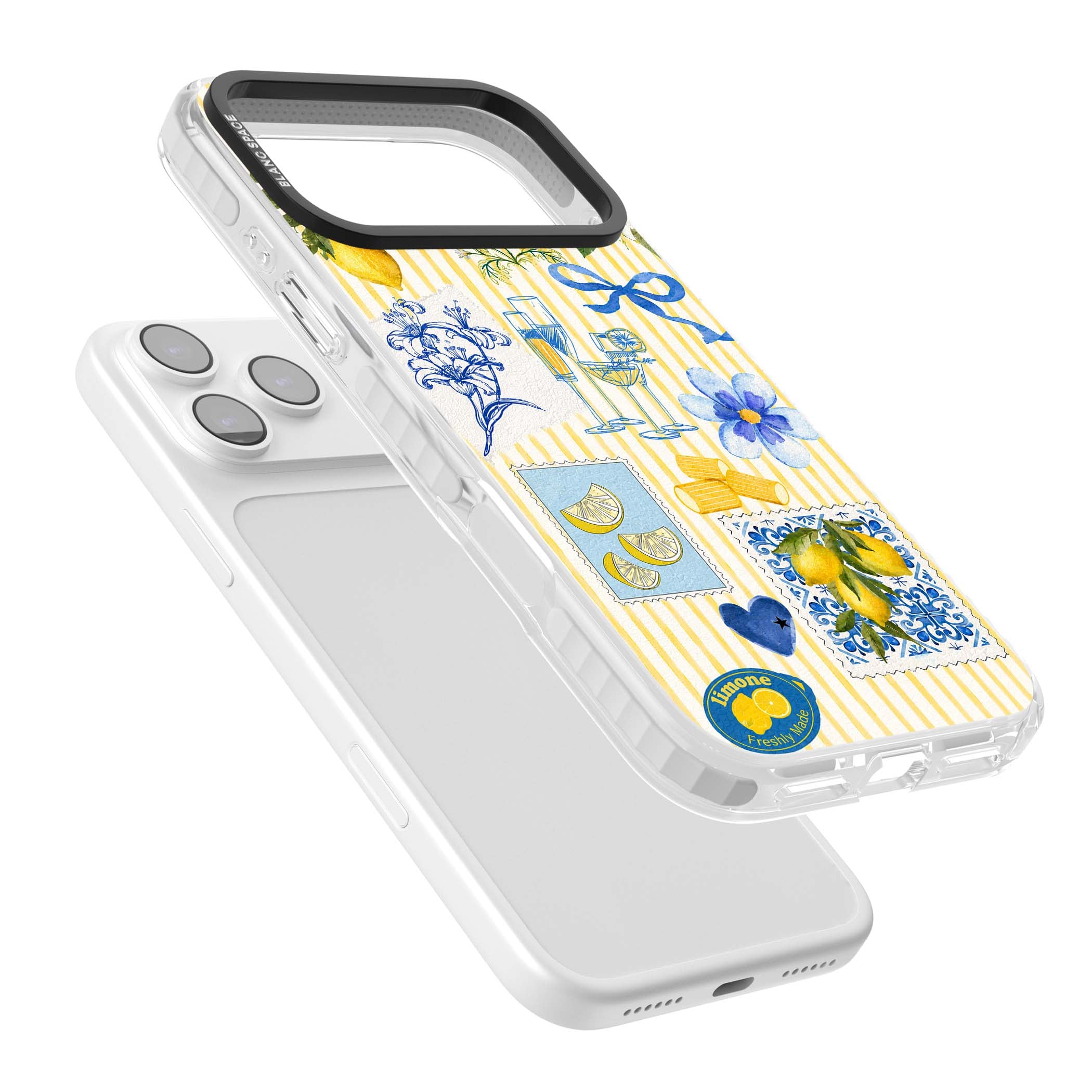 Limone Riviera Italian summer iPhone case featuring watercolour lemons, blue ribbon bows and majolica tile stamps on... | Impact Magsafe case for iPhone 17 Pro, iPhone 17 Pro Max
