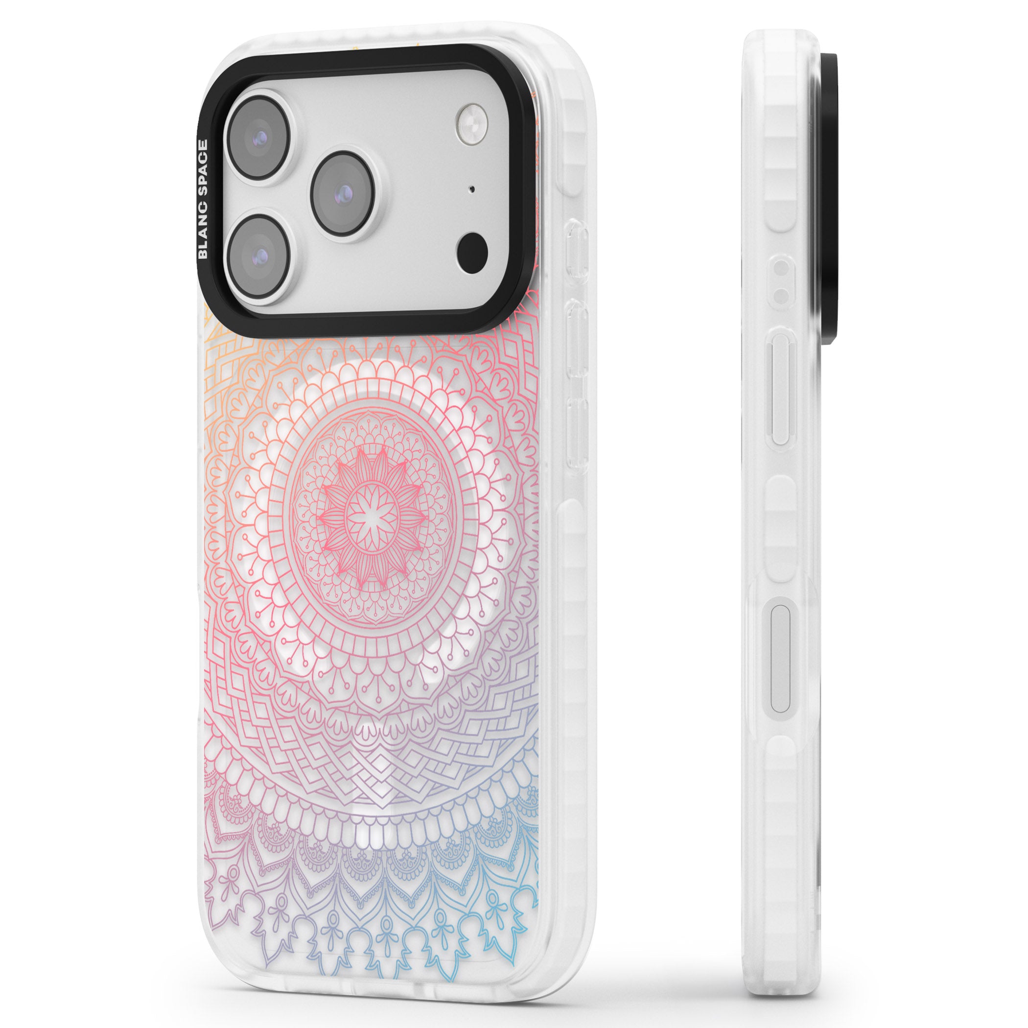 Rainbow Mandala iPhone 17 Pro Impact Pro Clear Phone Case Side Profile