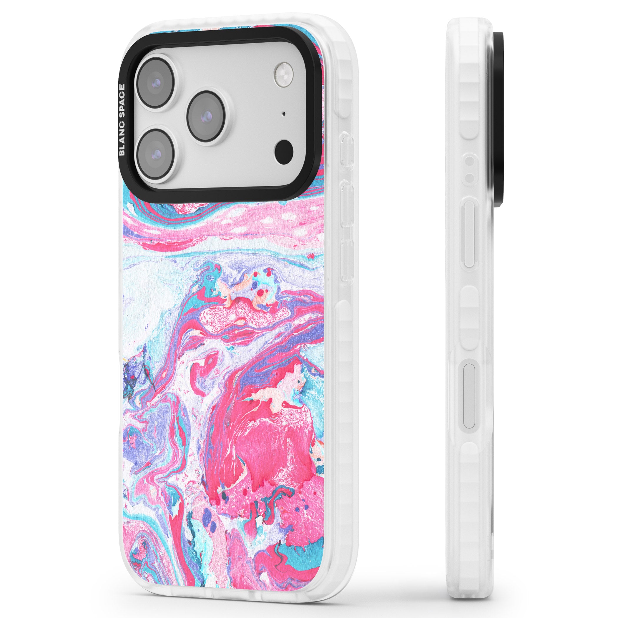 Pink, Blue & Purple Marbled Paper Pattern iPhone 17 Pro Impact Pro Clear Phone Case Side Profile