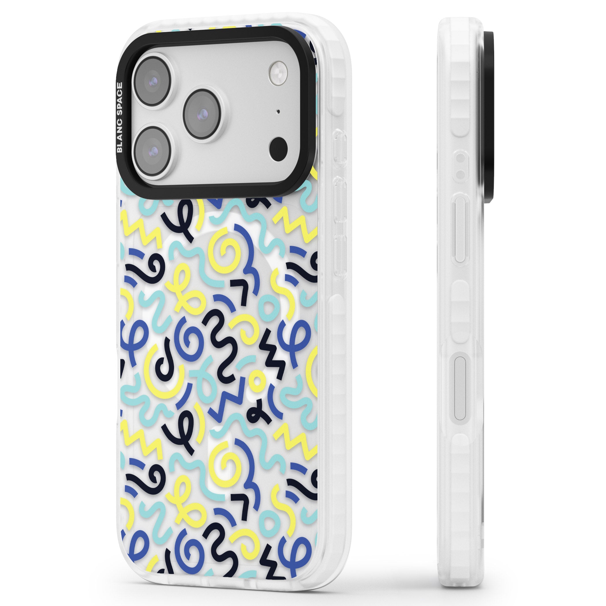 Blue & Yellow Memphis Retro iPhone 17 Pro Impact Pro Clear Phone Case Side Profile