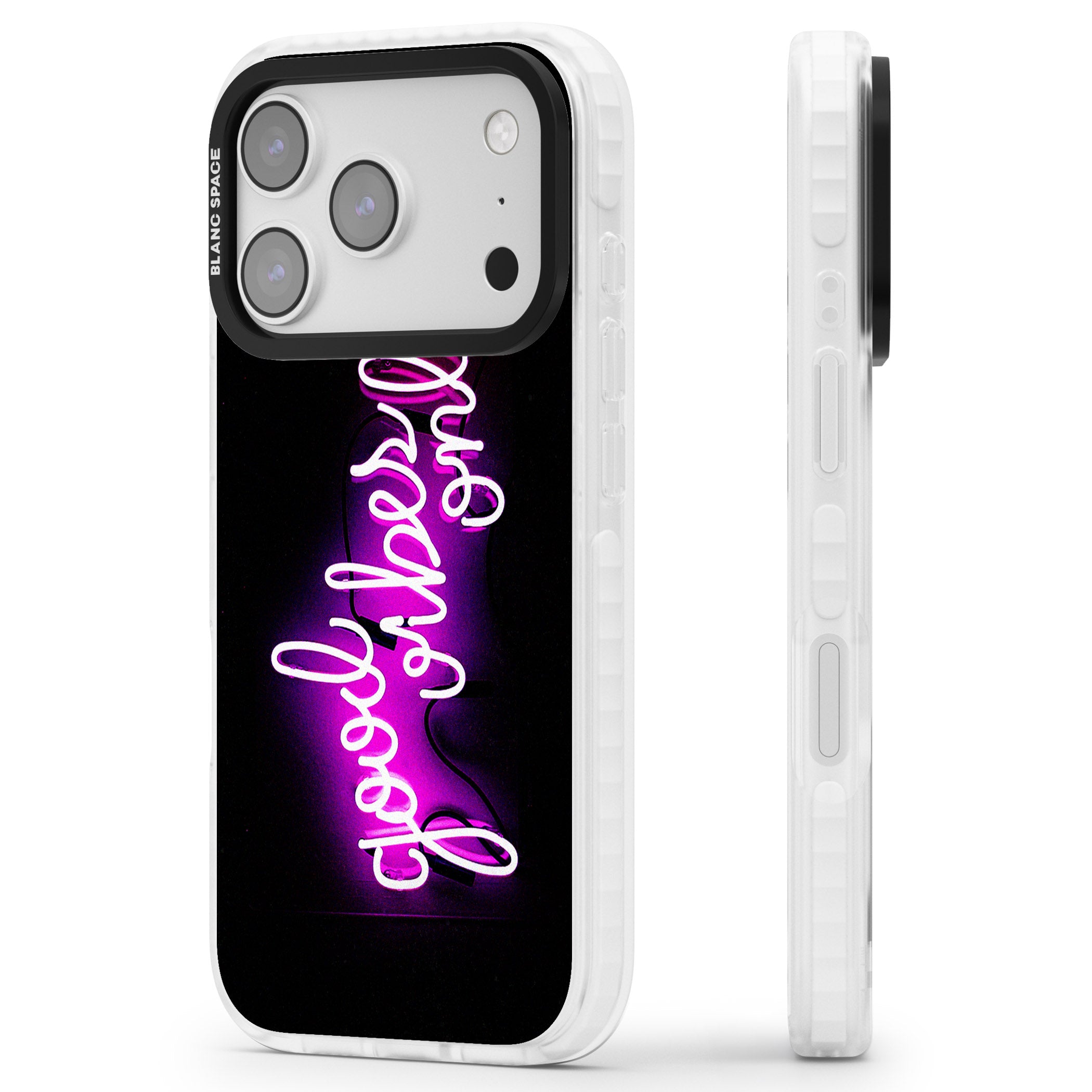 Good Vibes Only Neon Glow iPhone 17 Pro Impact Pro Clear Phone Case Side Profile