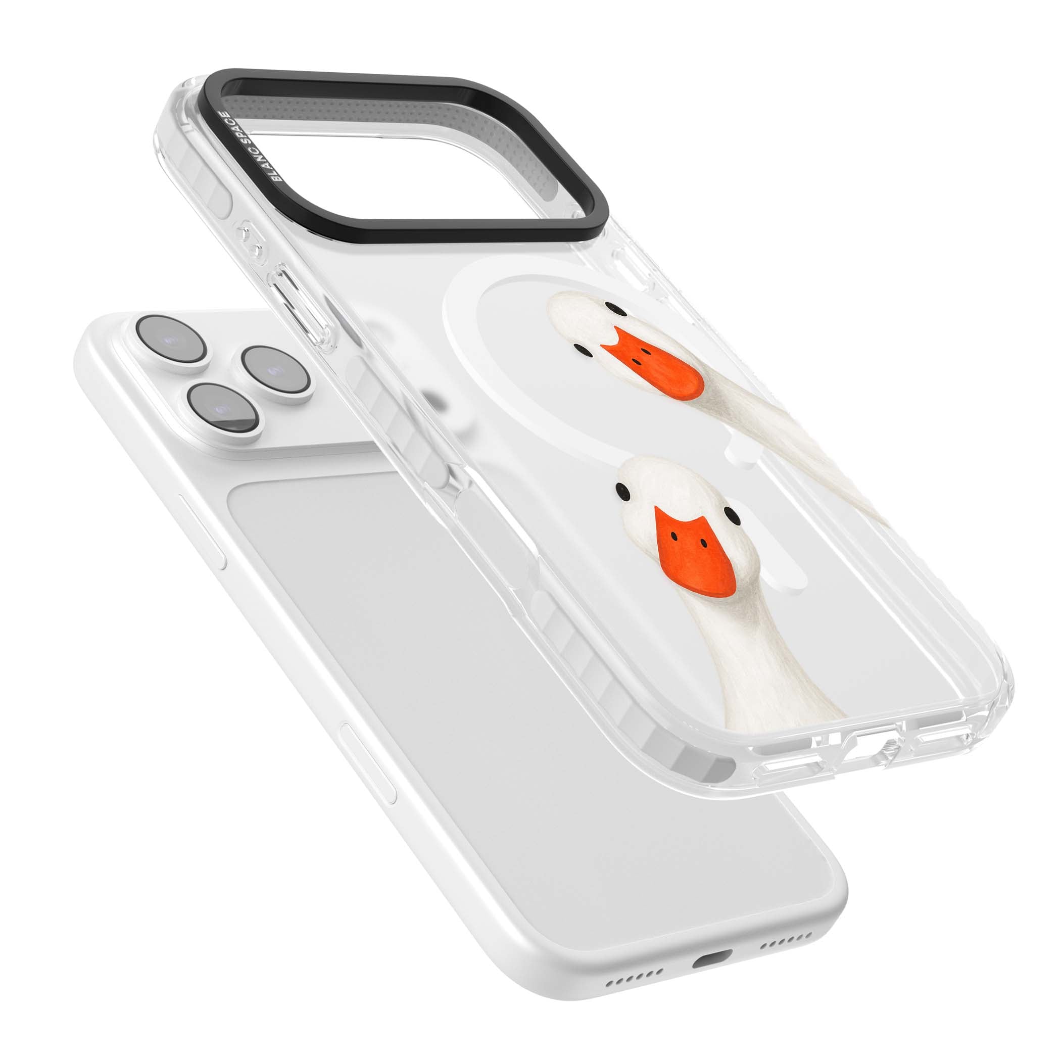 Nosy Ducks cottagecore iPhone case featuring two peeking white ducks with orange beaks on a clear background | Impact Magsafe case for iPhone 17 Pro, iPhone 17 Pro Max
