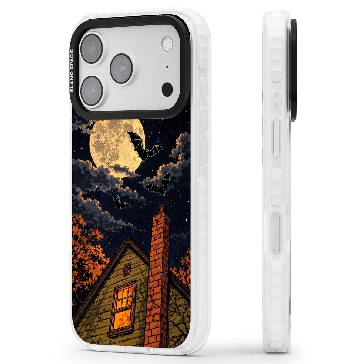 Hollows Eve Halloween iPhone case featuring a haunted house, full moon and flying bats against a starry autumn sky | Impact Magsafe case for iPhone 17 Pro, iPhone 17 Pro Max
