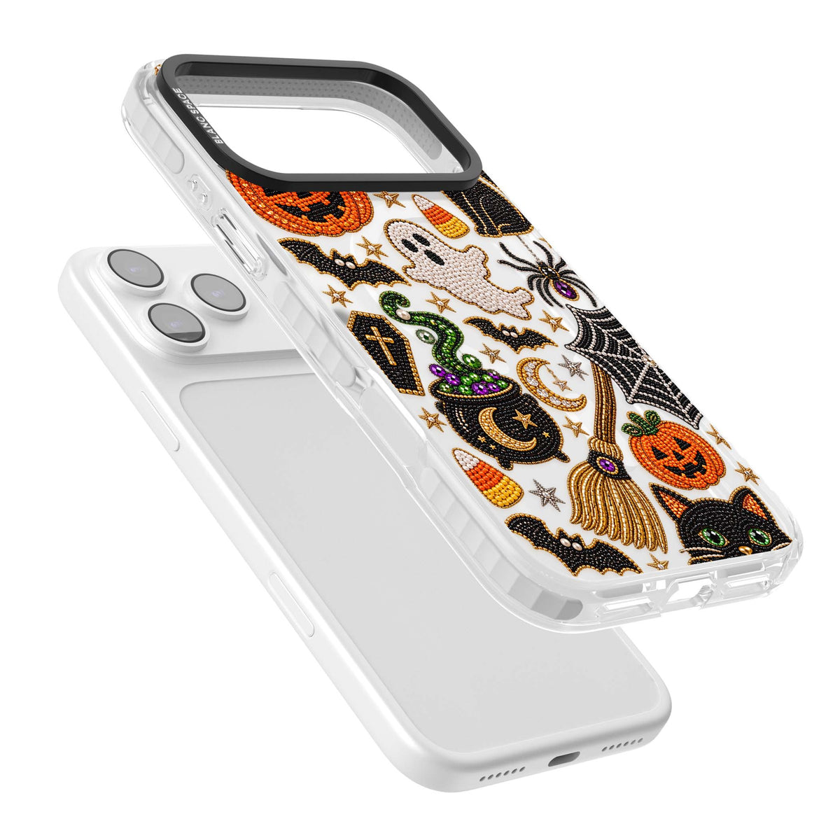 Beaded Halloween Halloween iPhone case featuring beaded pumpkins, ghosts, black cats and bats | Impact Magsafe case for iPhone 17 Pro, iPhone 17 Pro Max