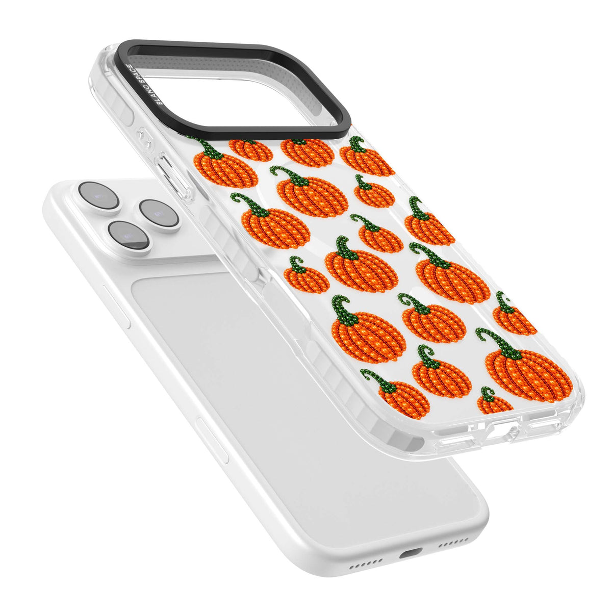 Beaded Pumpkins halloween iPhone case featuring beaded orange pumpkins with green stems on a clear background | Impact Magsafe case for iPhone 17 Pro, iPhone 17 Pro Max