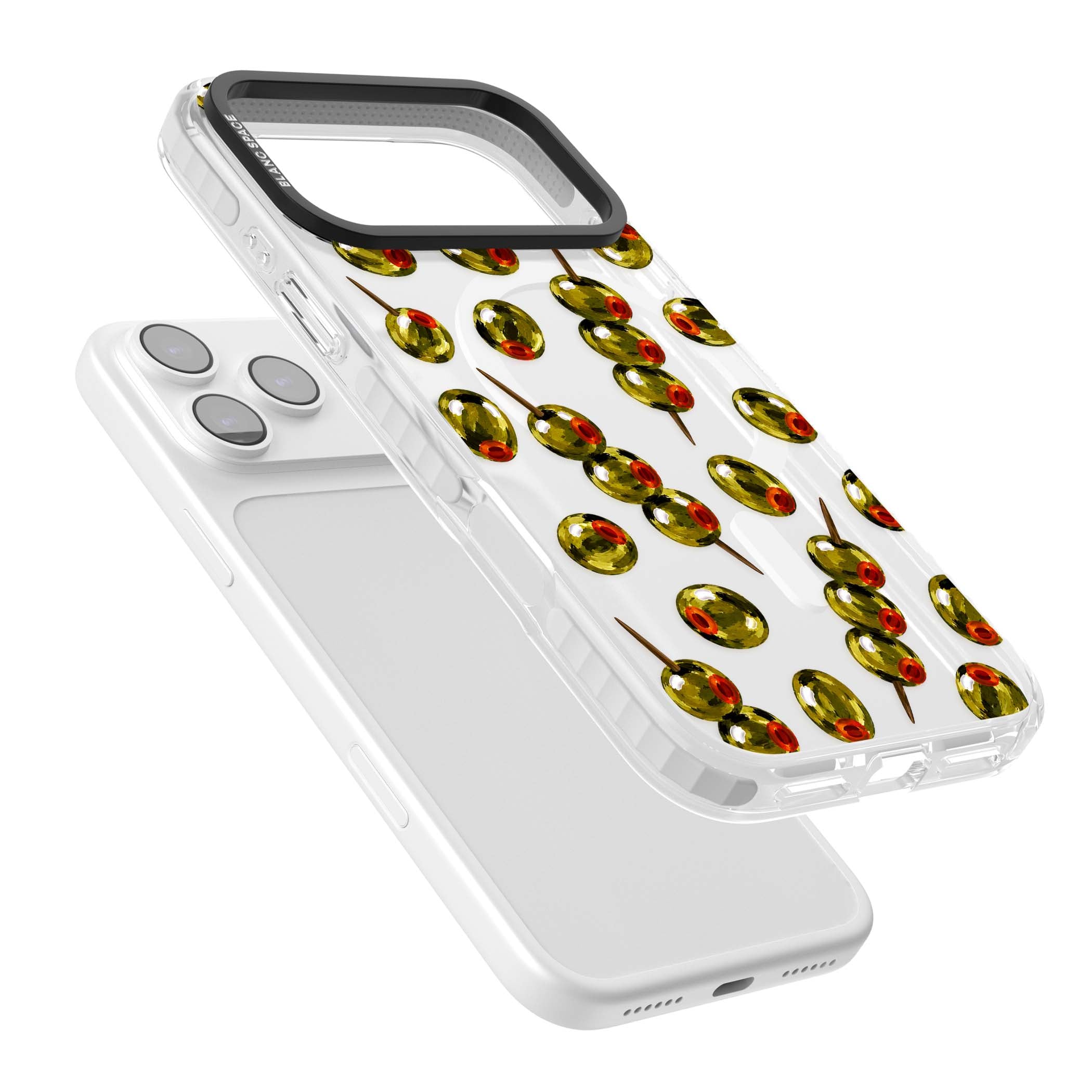 Painted Olives cocktail iPhone case featuring green olives, pimento centres and toothpick skewers on a clear background | Impact Magsafe case for iPhone 17 Pro, iPhone 17 Pro Max
