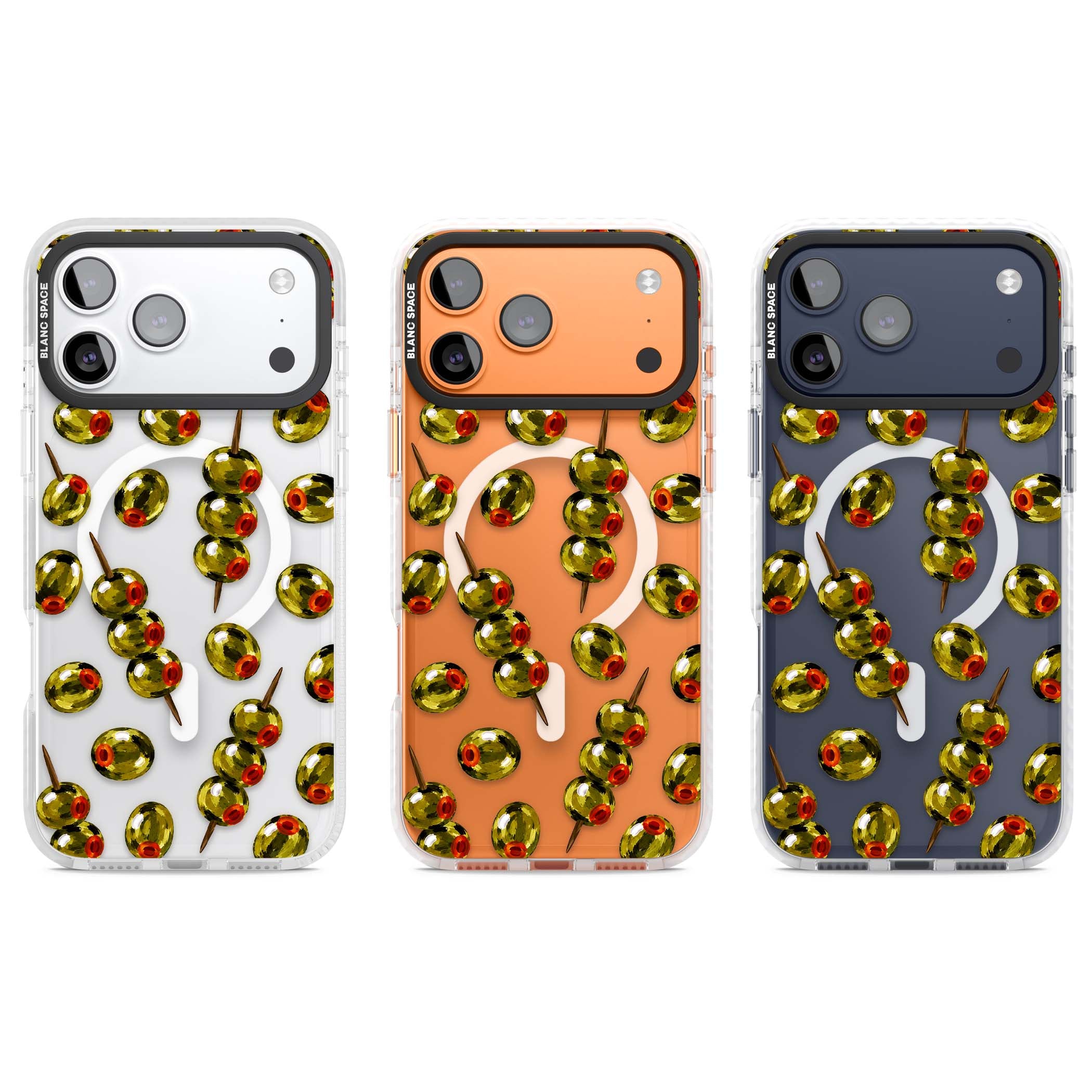 Painted Olives cocktail iPhone case featuring green olives, pimento centres and toothpick skewers on a clear background | Impact Magsafe case for iPhone 17 Pro, iPhone 17 Pro Max