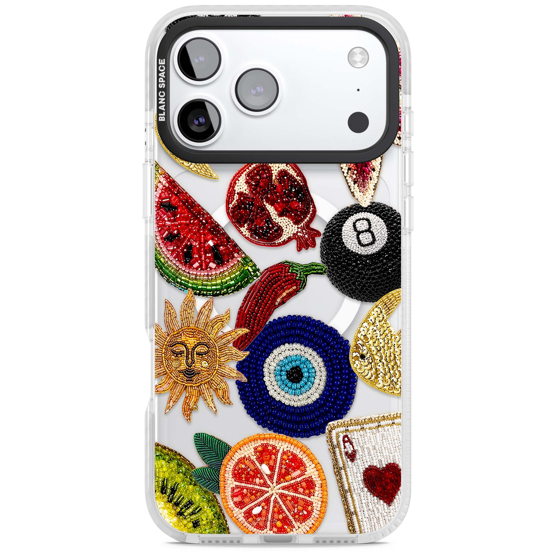 Beaded Charms embroidery iPhone case featuring beaded evil eye, fruit patches and a golden sun motif | Impact Magsafe case for iPhone 17 Pro, iPhone 17 Pro Max