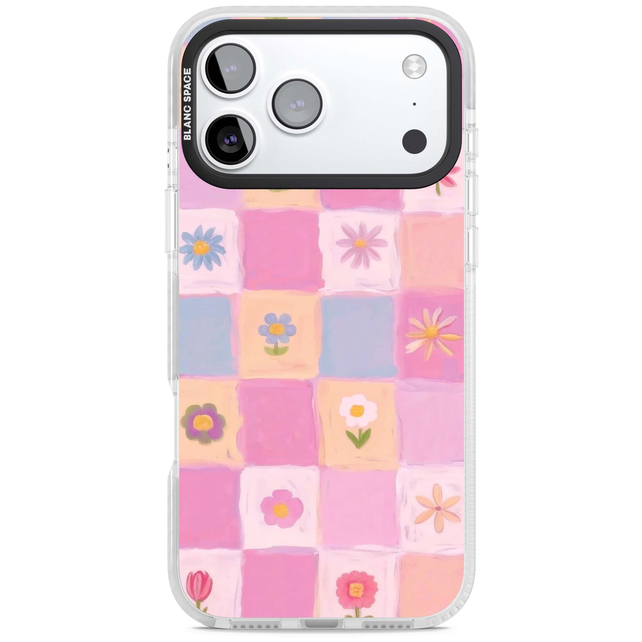 Pastel Flower Patchwork cottagecore iPhone case featuring painted pink and lilac squares with daisies and wildflowers | Impact Magsafe case for iPhone 17 Pro, iPhone 17 Pro Max