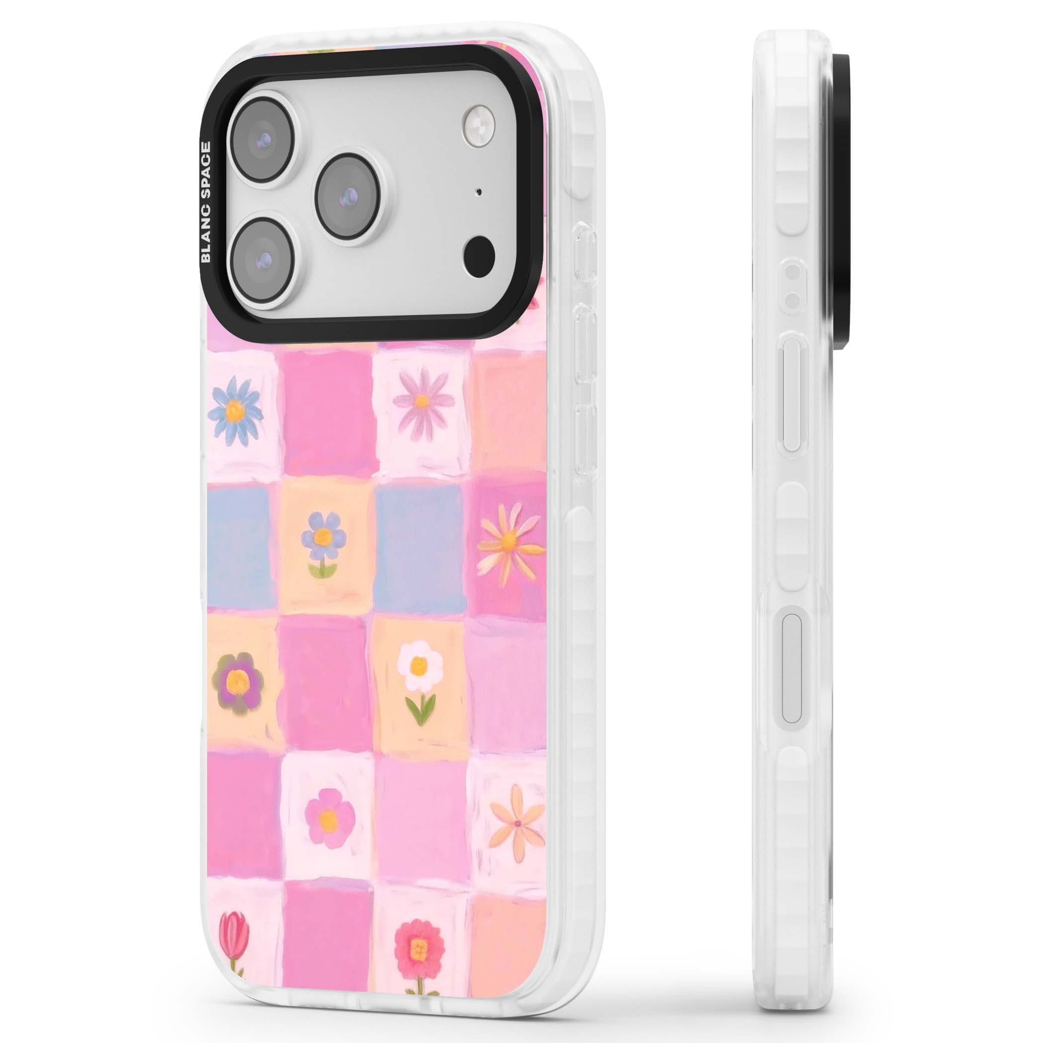 Pastel Flower Patchwork cottagecore iPhone case featuring painted pink and lilac squares with daisies and wildflowers | Impact Magsafe case for iPhone 17 Pro, iPhone 17 Pro Max