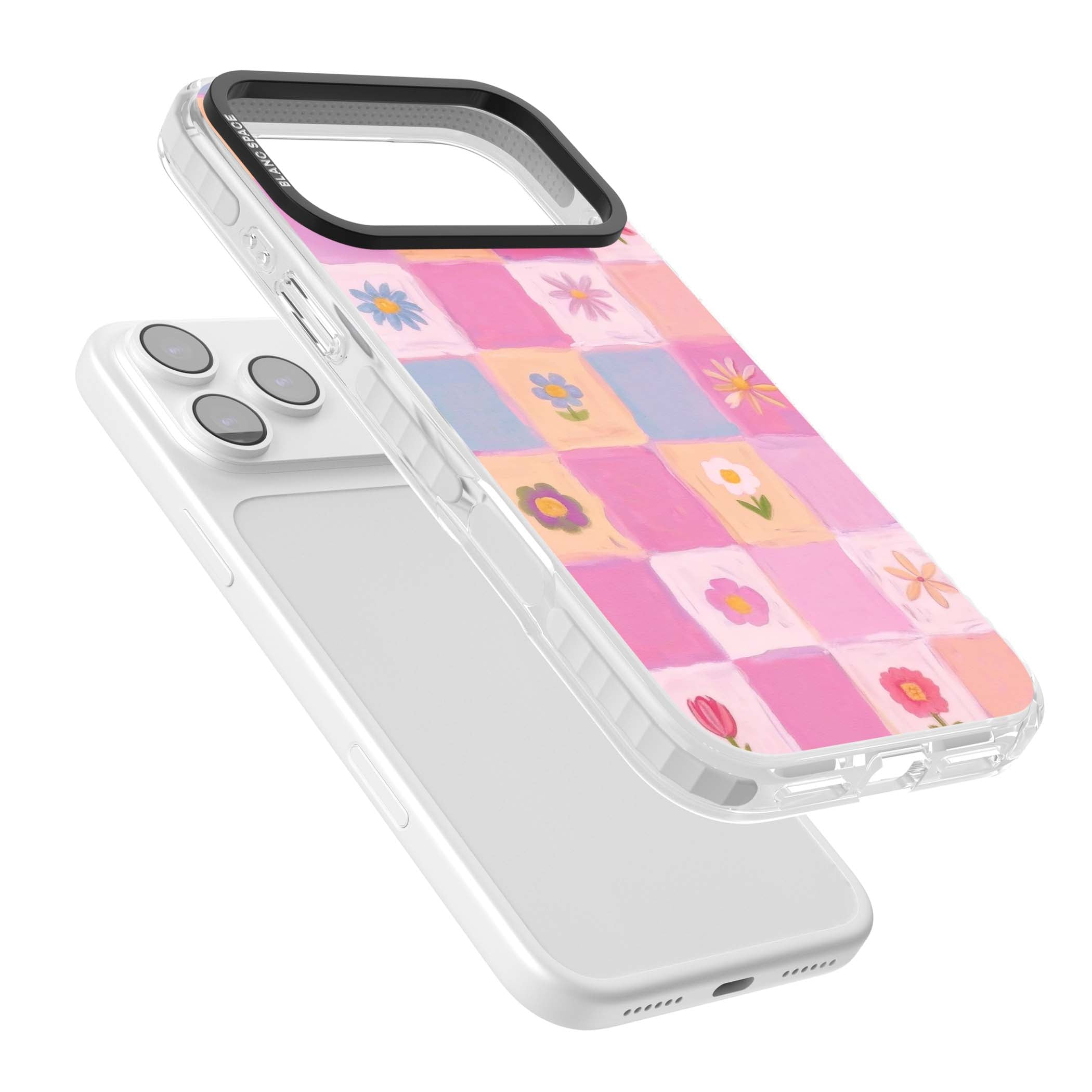 Pastel Flower Patchwork cottagecore iPhone case featuring painted pink and lilac squares with daisies and wildflowers | Impact Magsafe case for iPhone 17 Pro, iPhone 17 Pro Max