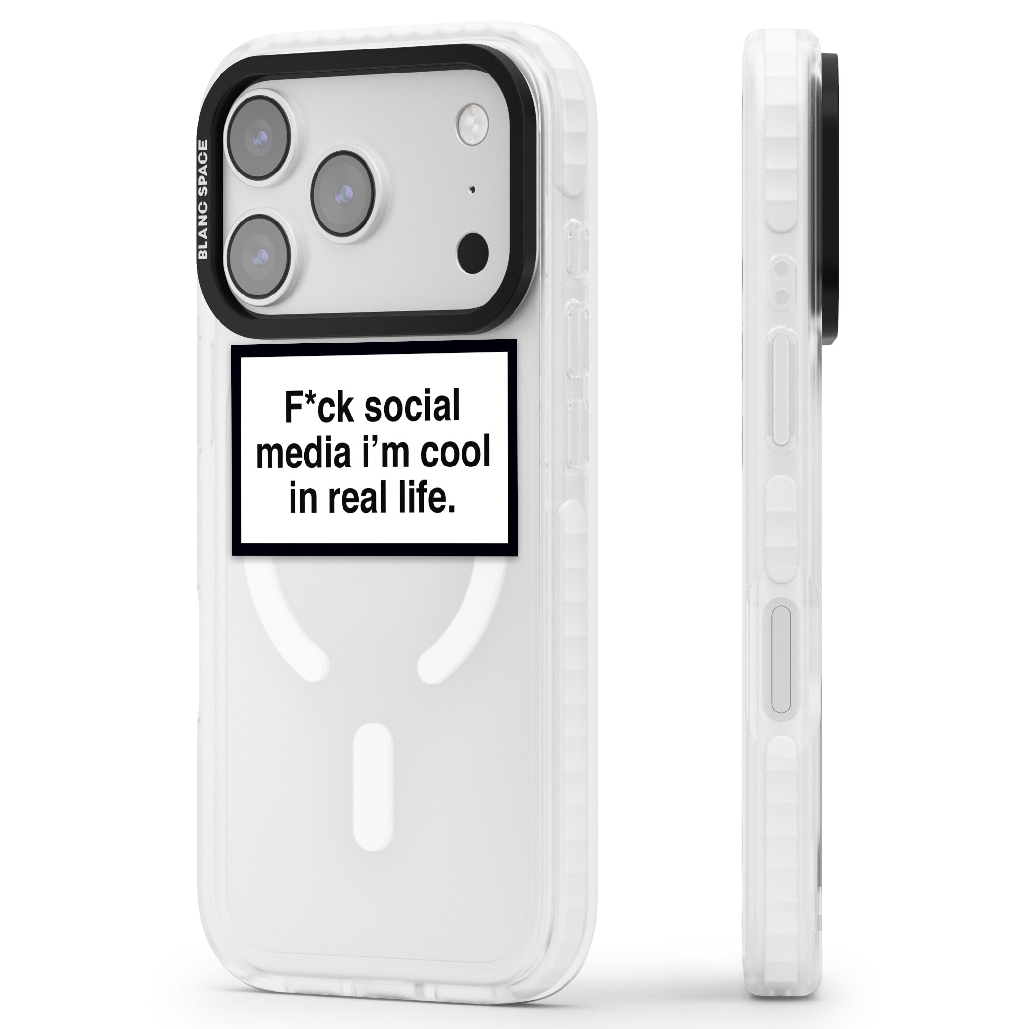 F*Ck Social Media iPhone 17 Pro Impact Pro Clear Phone Case Side Profile