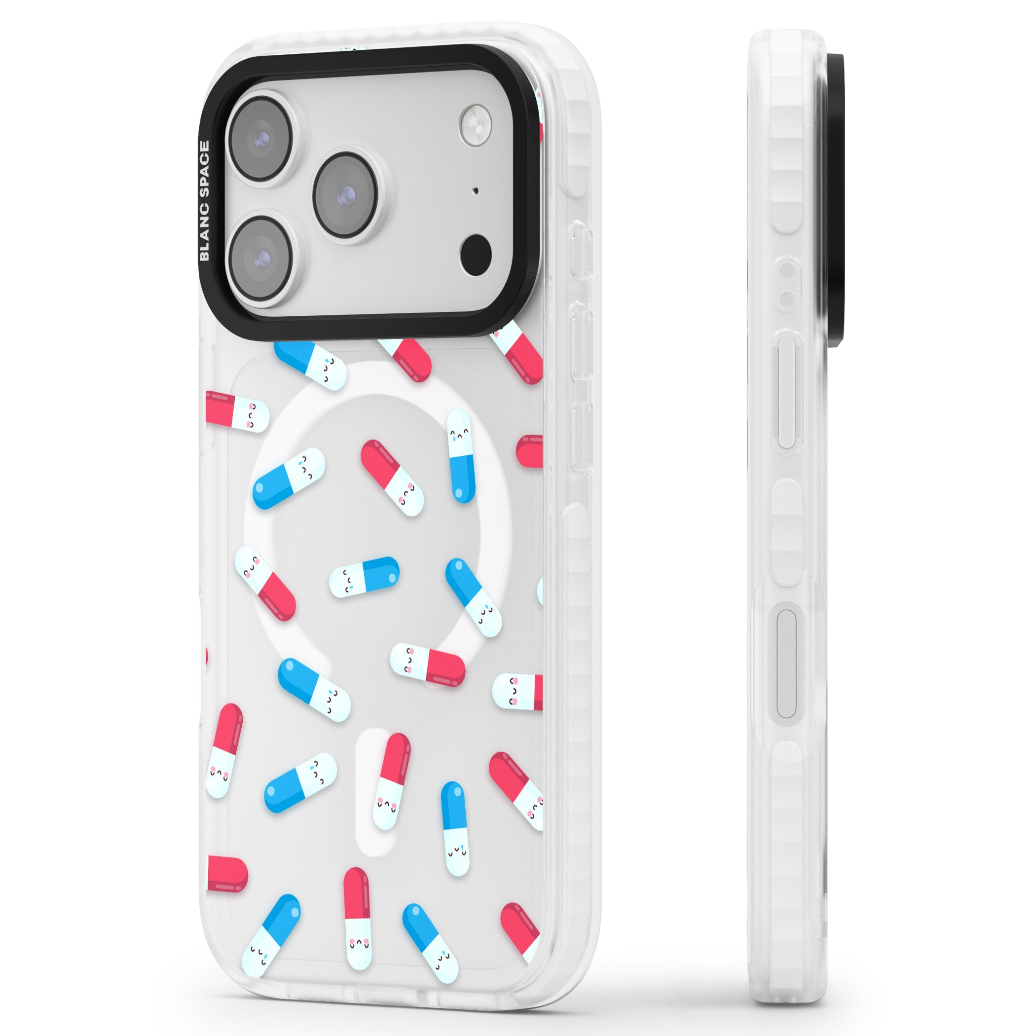 Kawaii Pill Pattern iPhone 17 Pro Impact Pro Clear Phone Case Side Profile