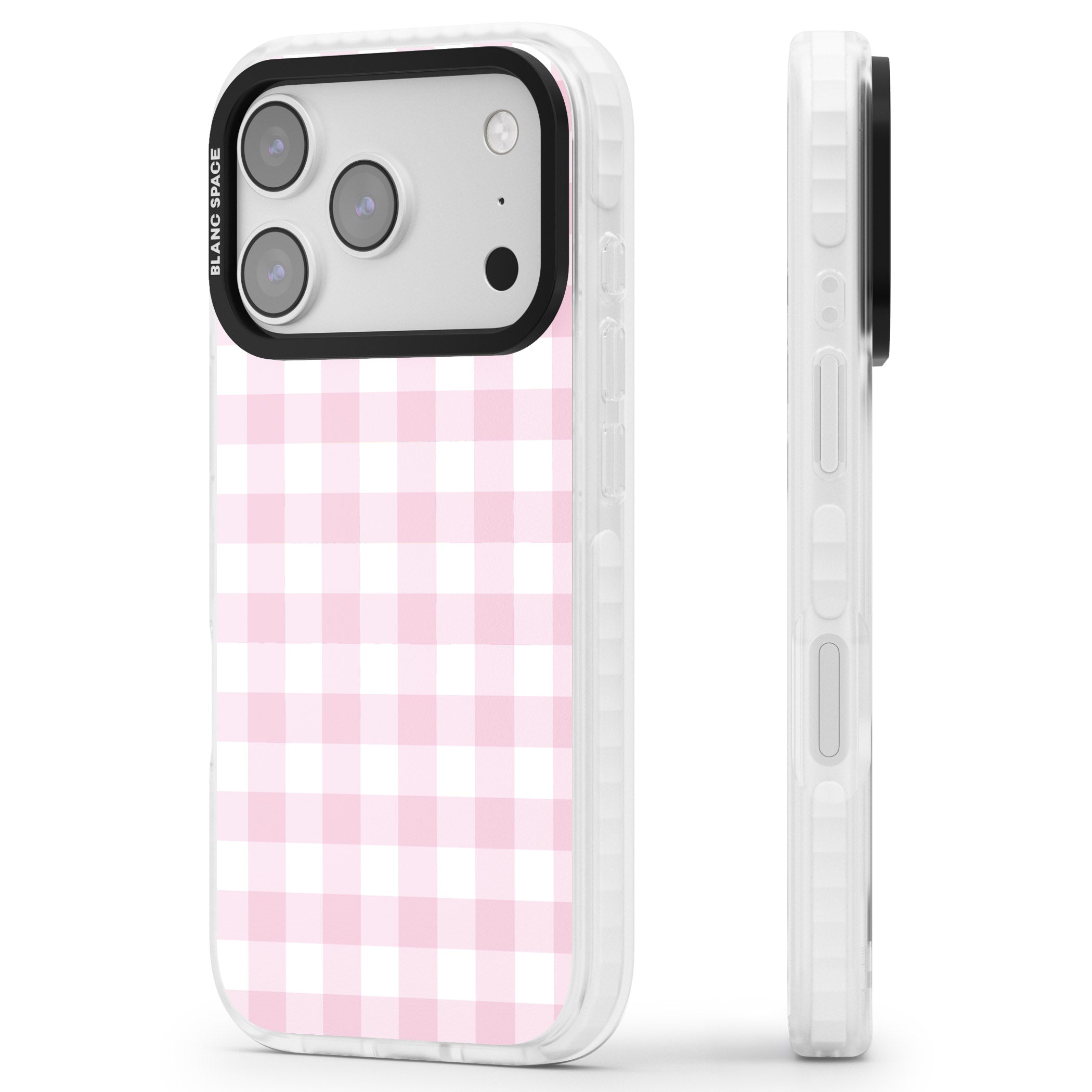 Pink Gingham Pattern iPhone 17 Pro Impact Pro Clear Phone Case Side Profile