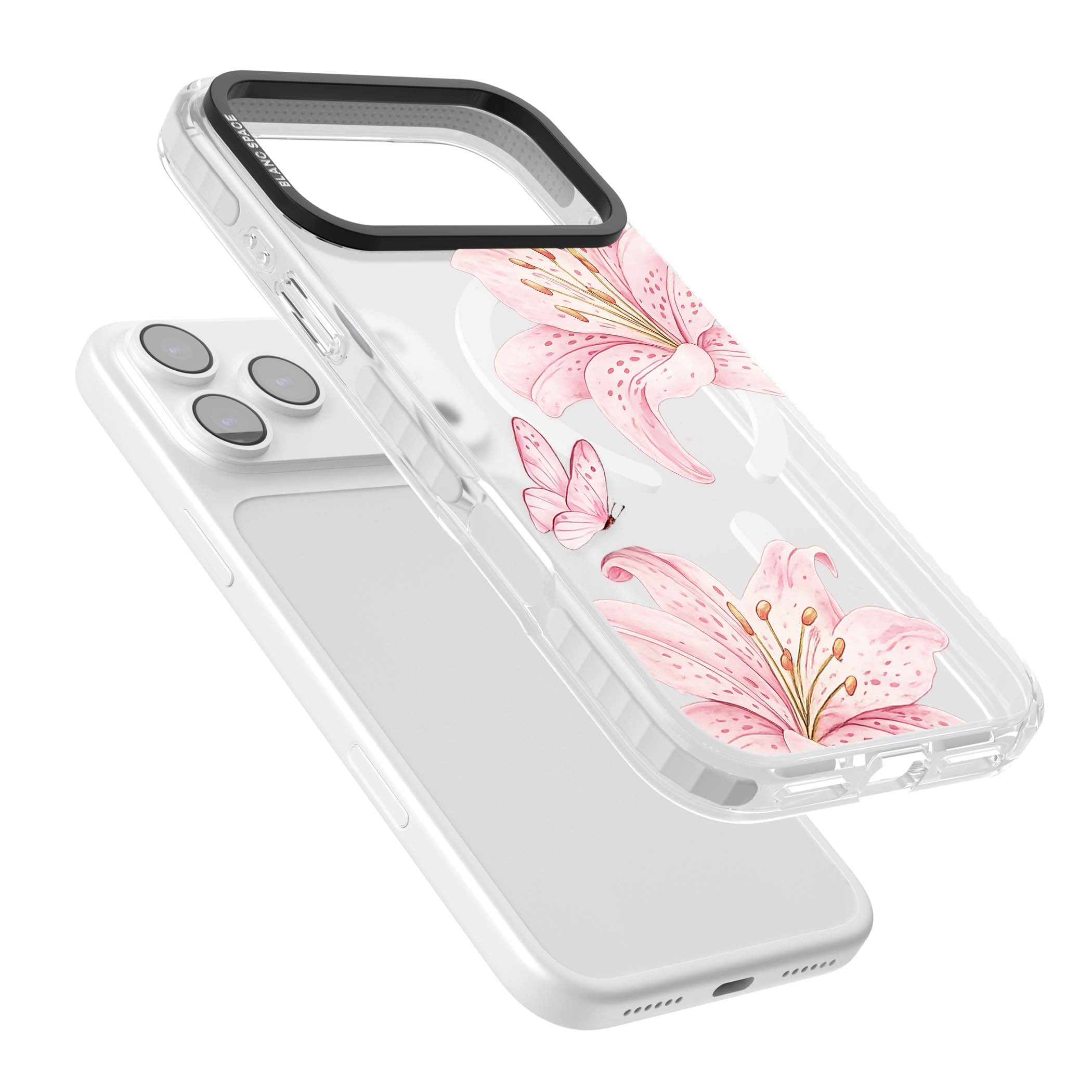 Lily Whisper floral iPhone case featuring pink watercolour lilies and delicate butterflies on a clear background | Impact Magsafe case for iPhone 17 Pro, iPhone 17 Pro Max