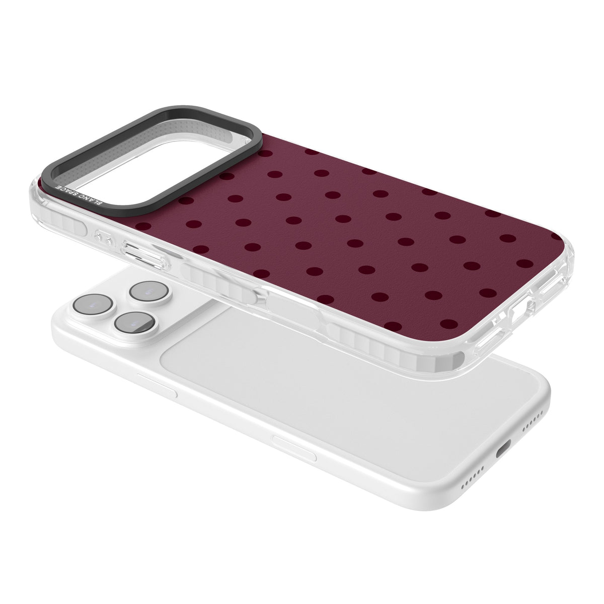 Burgundy Polka Dot minimalist iPhone case featuring black polka dots on a deep burgundy wine red background iPhone 17 Pro Max Impact Pro Clear Phone Case angled