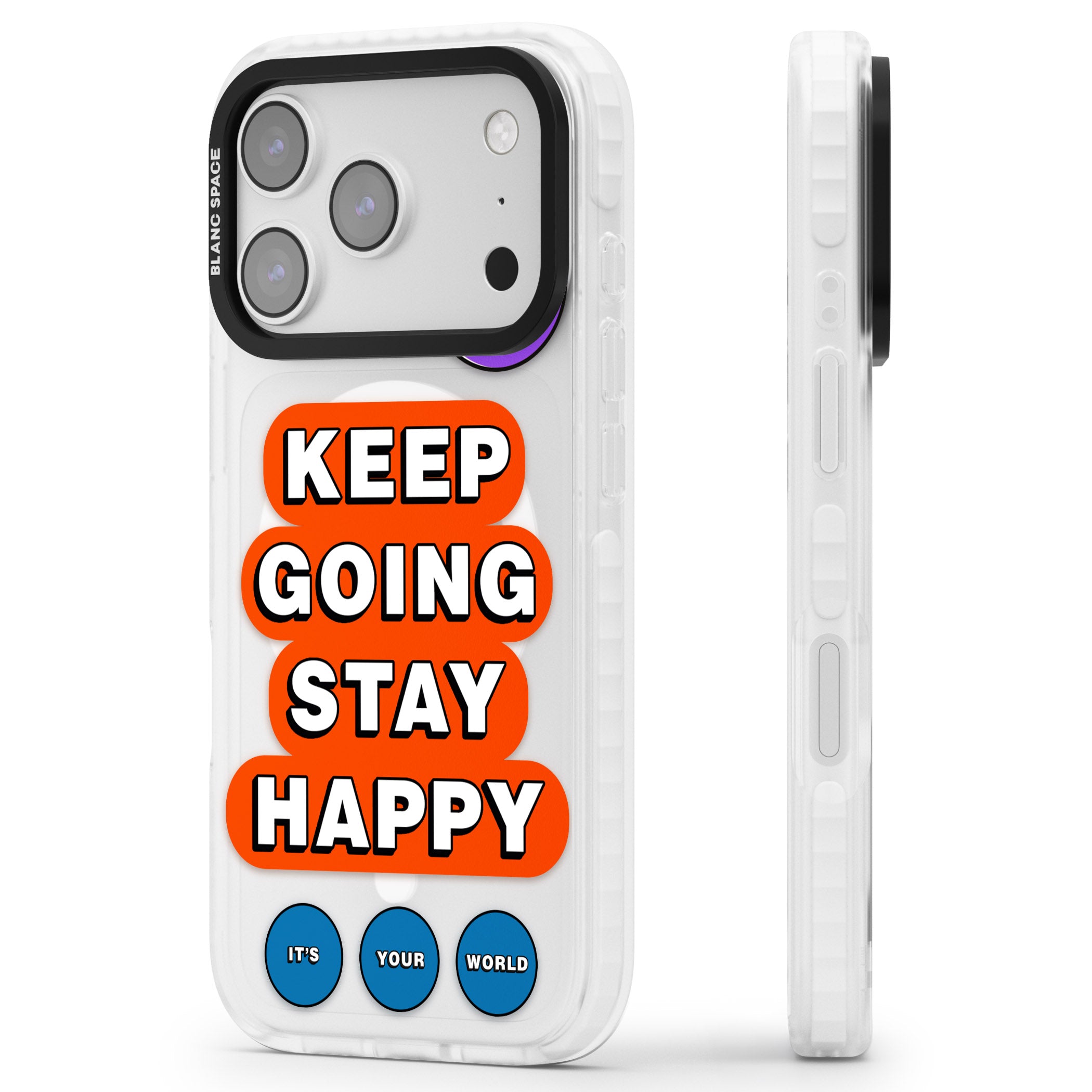 Keep Going Stay Happy iPhone 17 Pro Impact Pro Clear Phone Case Side Profile