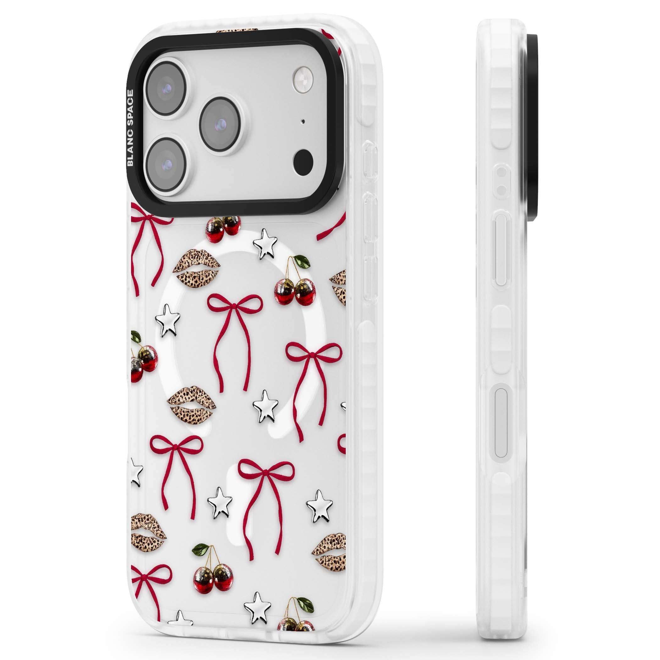 Starlet coquette iPhone case featuring red ribbon bows, disco cherries and leopard-print lips | Impact Magsafe case for iPhone 17 Pro, iPhone 17 Pro Max