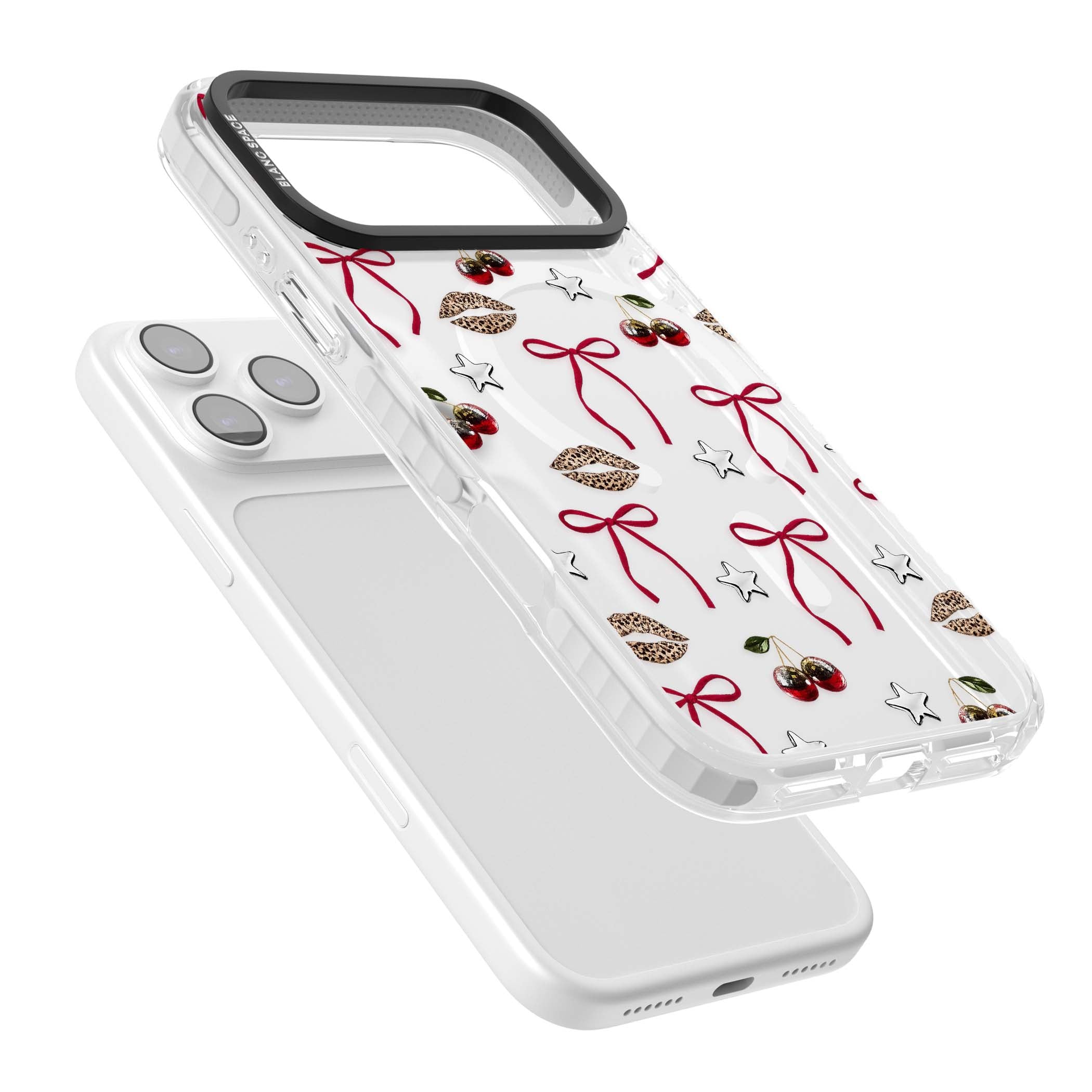 Starlet coquette iPhone case featuring red ribbon bows, disco cherries and leopard-print lips | Impact Magsafe case for iPhone 17 Pro, iPhone 17 Pro Max