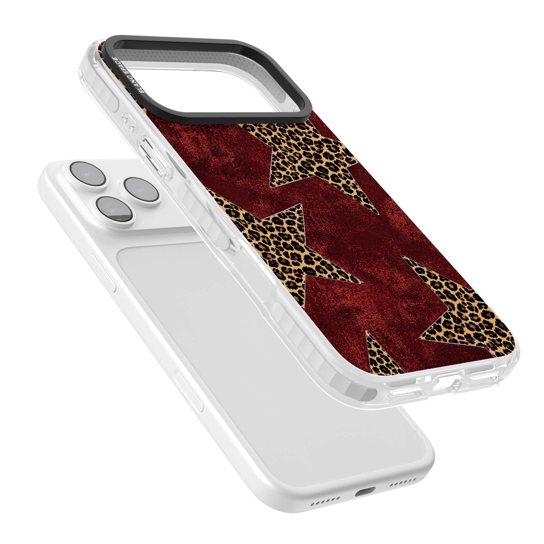 Showgirl leopard print iPhone case featuring cheetah print stars on distressed red grunge background | Impact Magsafe case for iPhone 17 Pro, iPhone 17 Pro Max