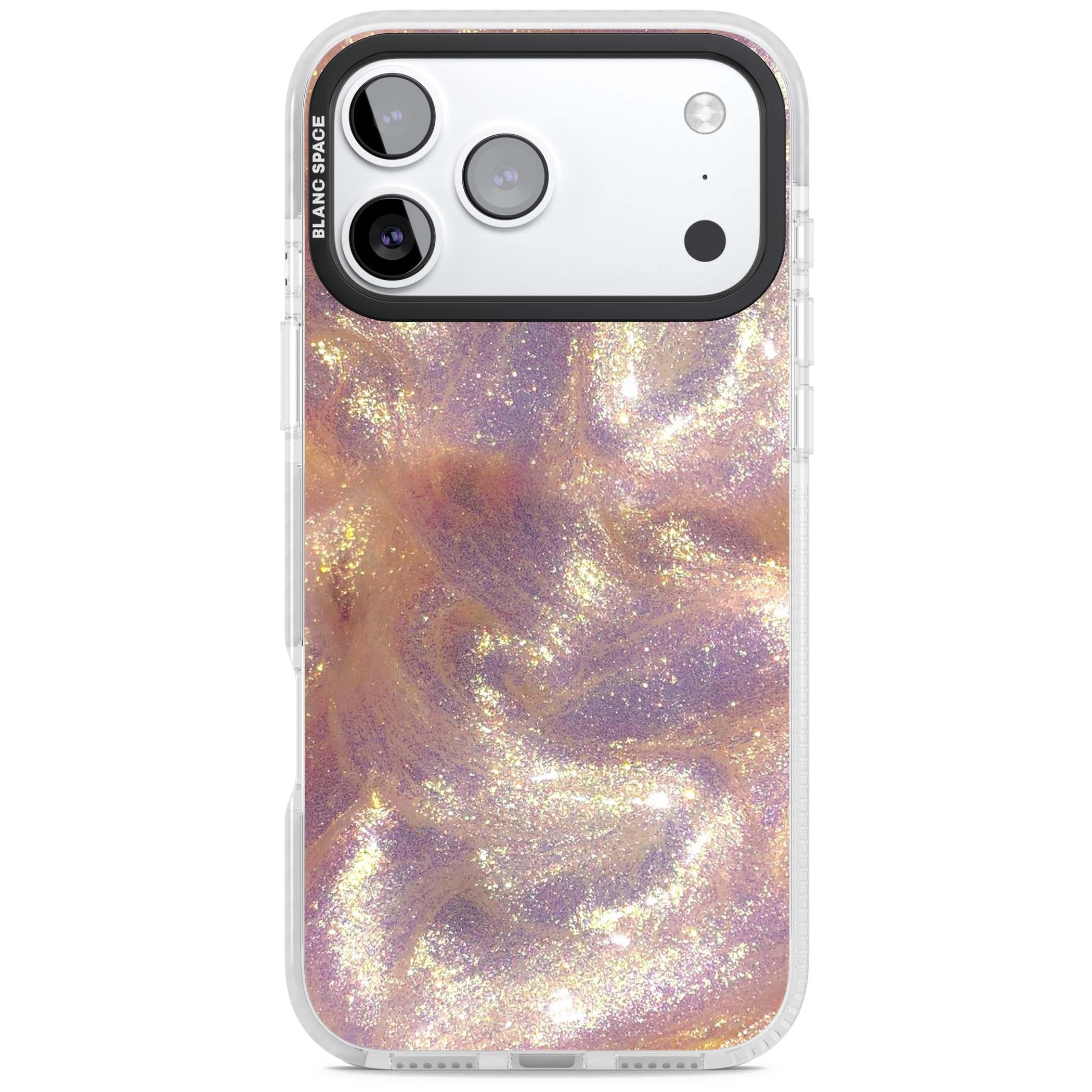 Shimmer marble iPhone case featuring rose gold glitter swirls, lilac shimmer and iridescent pearl finish | Impact Magsafe case for iPhone 17 Pro, iPhone 17 Pro Max