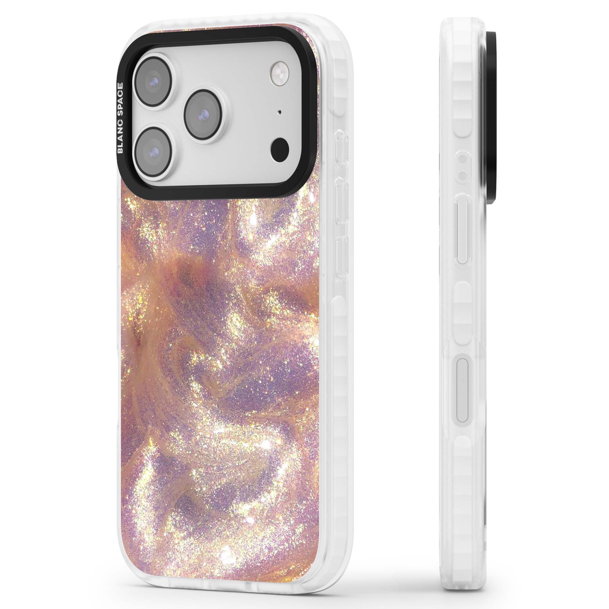 Shimmer marble iPhone case featuring rose gold glitter swirls, lilac shimmer and iridescent pearl finish | Impact Magsafe case for iPhone 17 Pro, iPhone 17 Pro Max