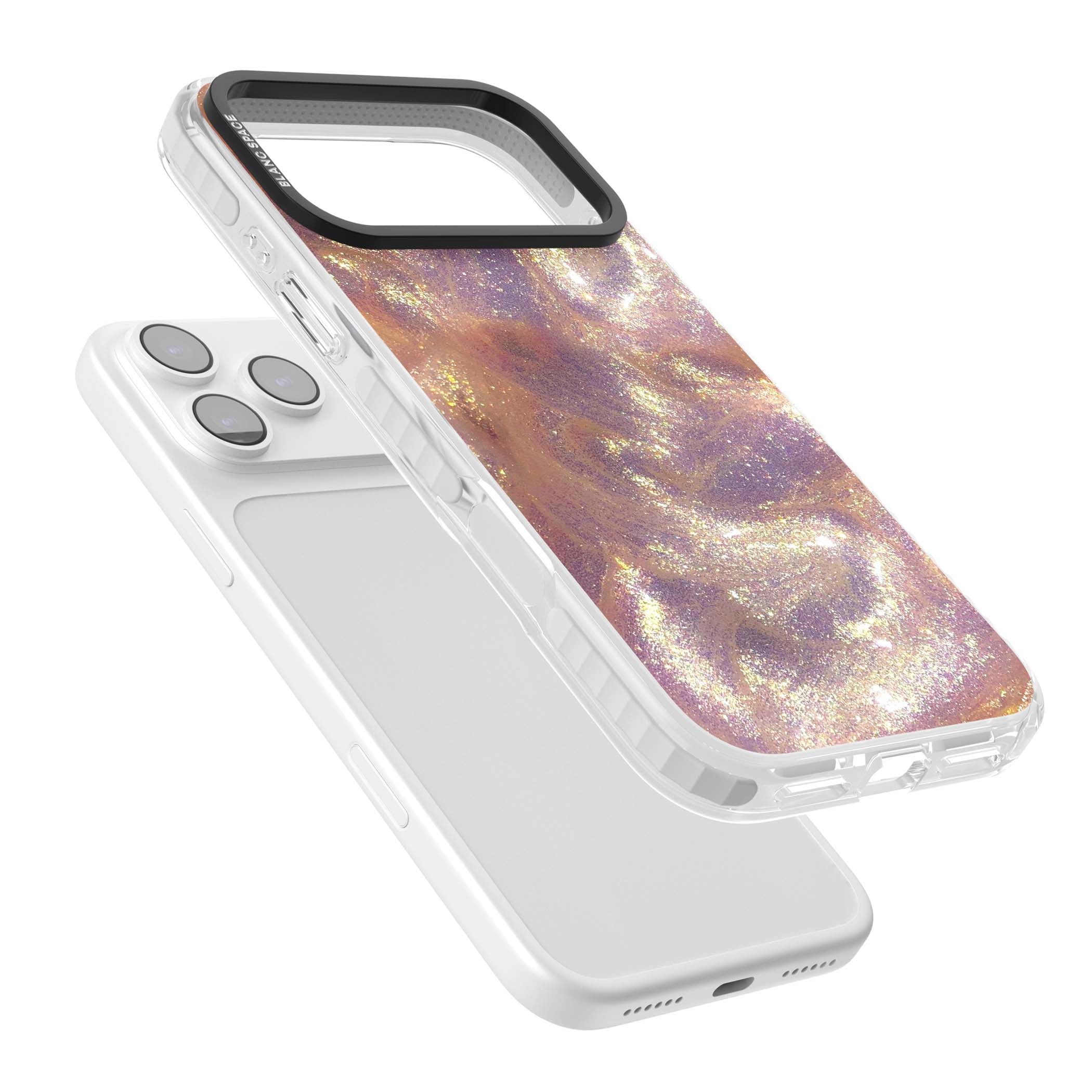 Shimmer marble iPhone case featuring rose gold glitter swirls, lilac shimmer and iridescent pearl finish | Impact Magsafe case for iPhone 17 Pro, iPhone 17 Pro Max