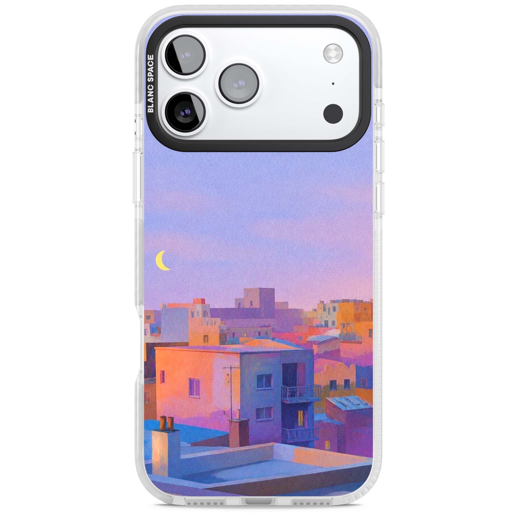 Twilight Rooftops vaporwave iPhone case featuring a pastel sunset cityscape, painted rooftops and a crescent moon. | Impact Magsafe case for iPhone 17 Pro, iPhone 17 Pro Max