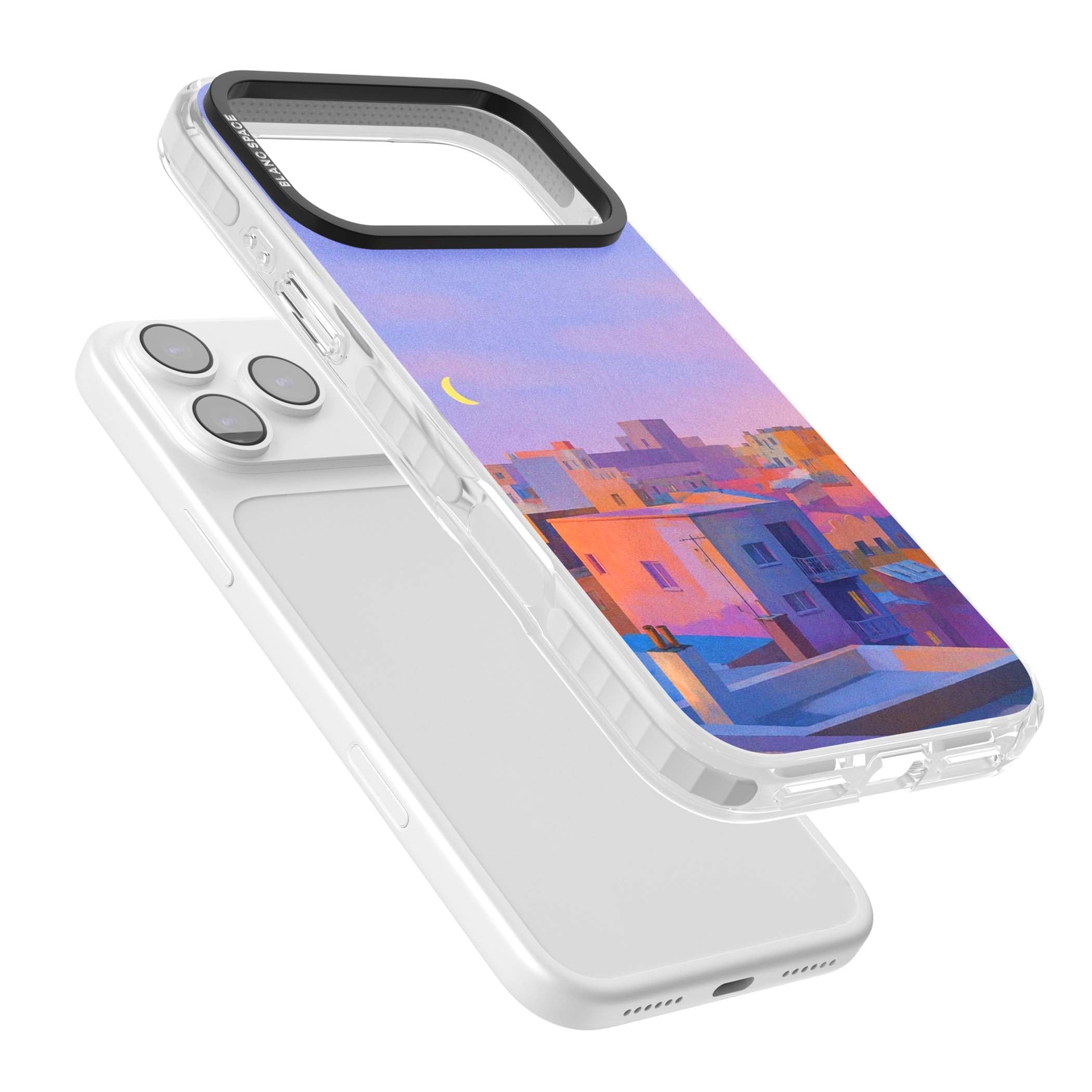 Twilight Rooftops vaporwave iPhone case featuring a pastel sunset cityscape, painted rooftops and a crescent moon. | Impact Magsafe case for iPhone 17 Pro, iPhone 17 Pro Max