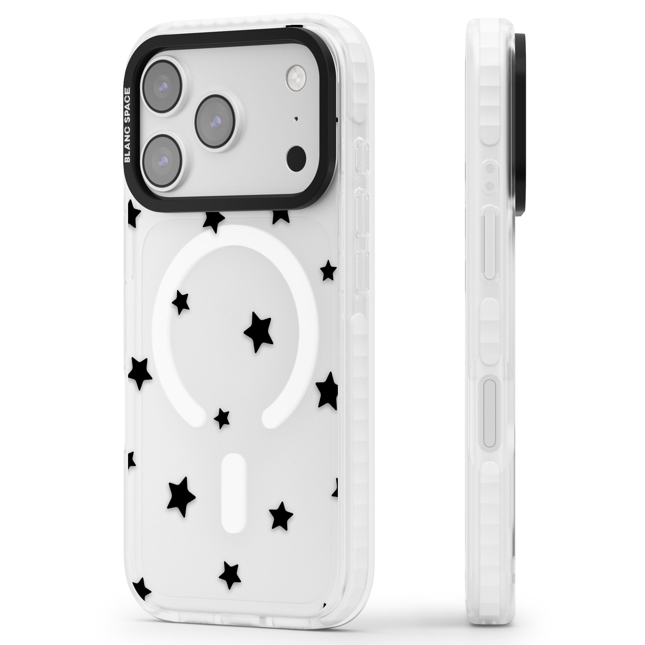 Starry Night Black Stars iPhone 17 Pro Impact Pro Clear Phone Case Side Profile