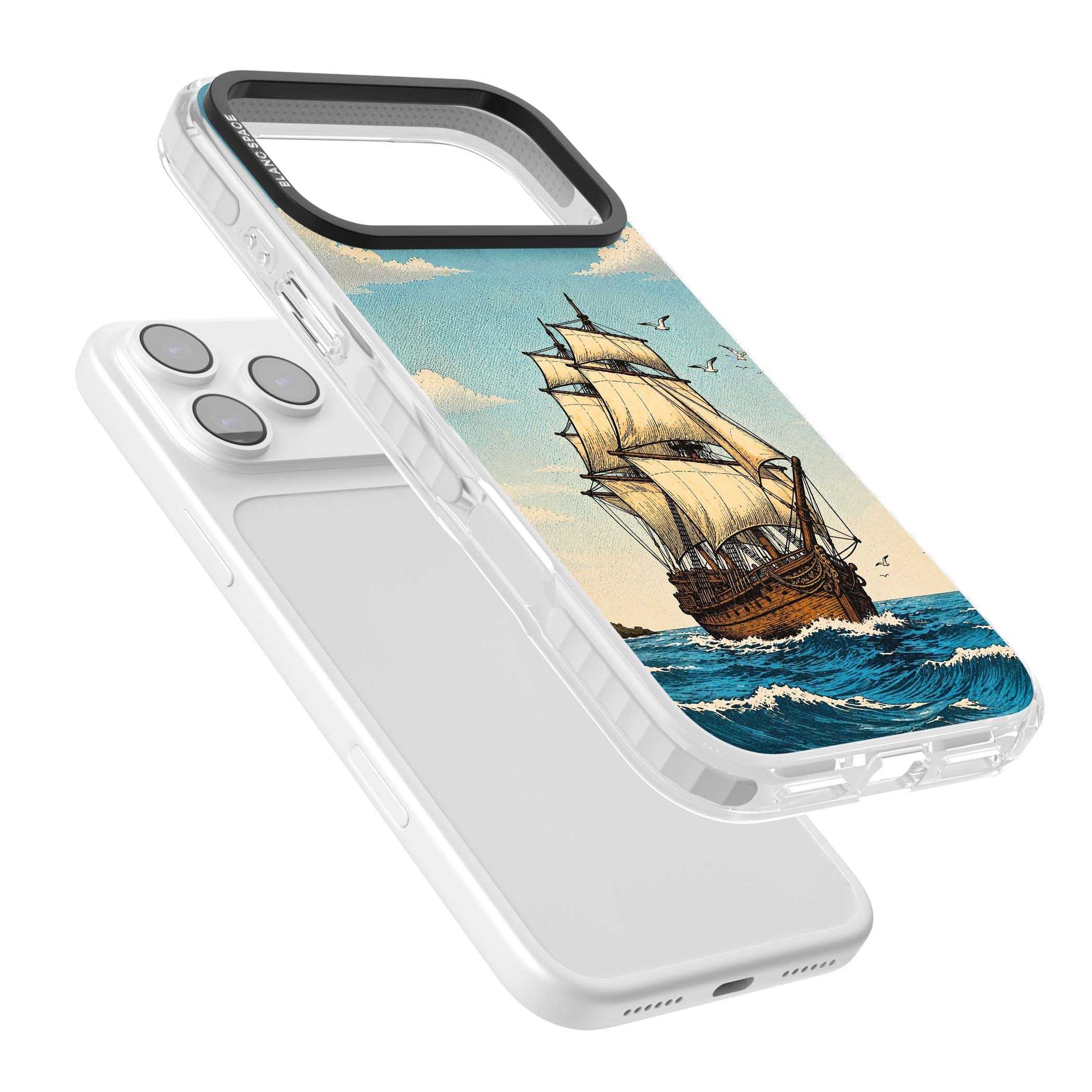 Ship at Sea nautical iPhone case featuring a vintage tall ship, ocean waves and seagulls | Impact Magsafe case for iPhone 17 Pro, iPhone 17 Pro Max