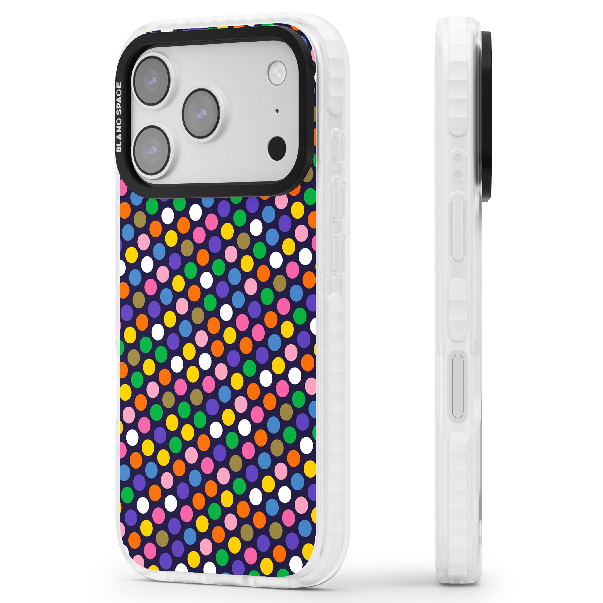 Multicolour Polka Dot Fiesta (Purple) iPhone 17 Pro Impact Pro Clear Phone Case Side Profile