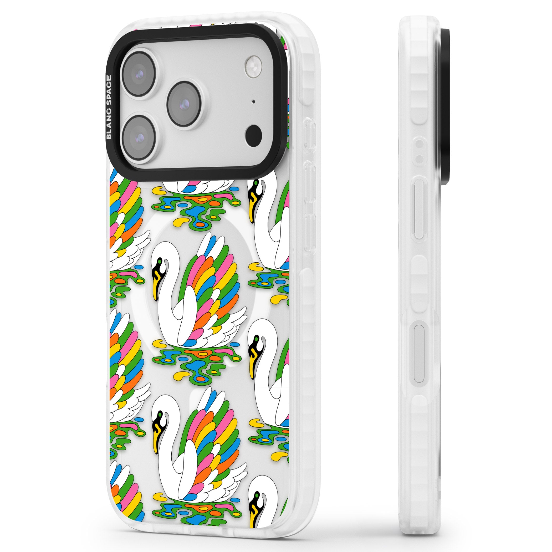 Colourful Swan Pattern iPhone 17 Pro Impact Pro Clear Phone Case Side Profile