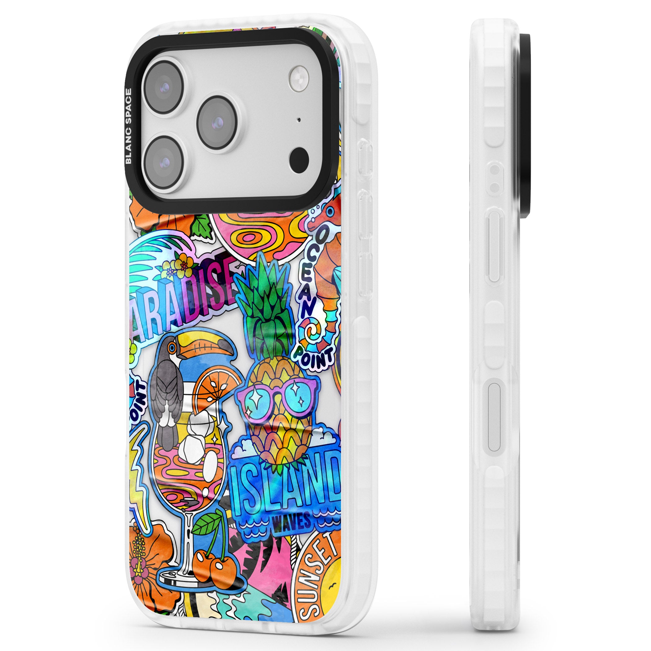 Tropical Vibes Collage iPhone 17 Pro Impact Pro Clear Phone Case Side Profile