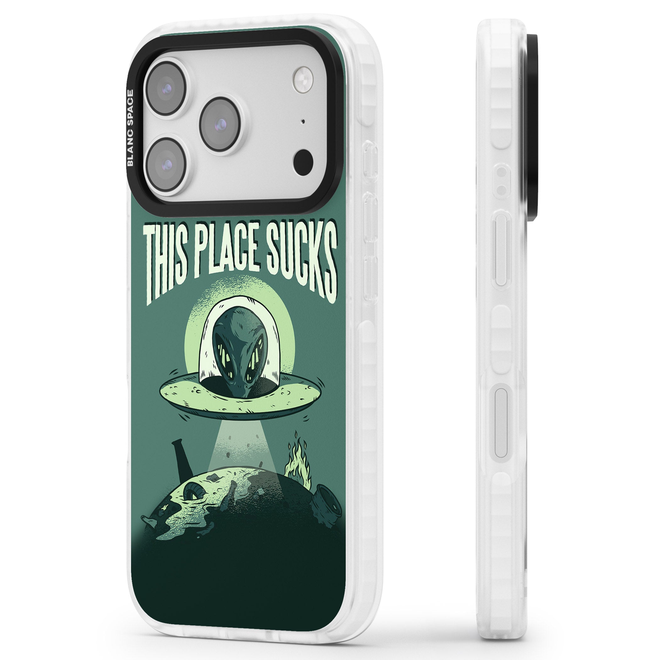Earth Sucks iPhone 17 Pro Impact Pro Clear Phone Case Side Profile