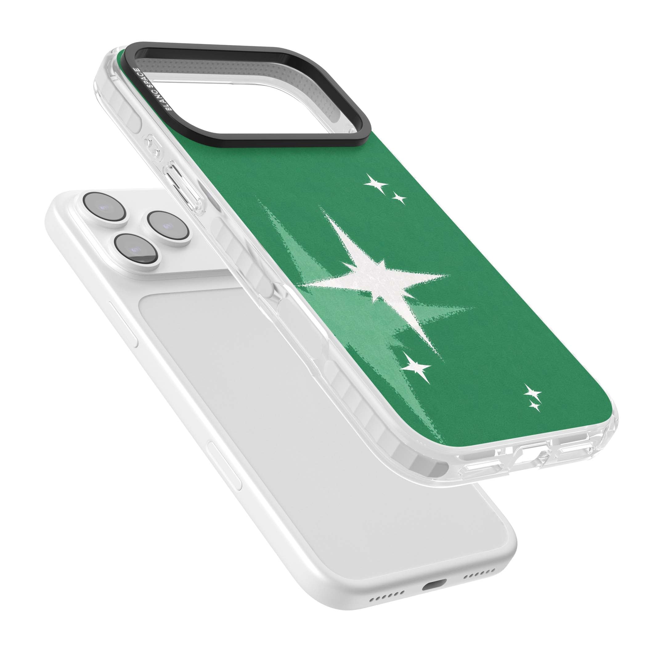 Green Sparkle celestial iPhone case featuring sparkling white four-point stars on a deep green background | Impact Magsafe case for iPhone 17 Pro, iPhone 17 Pro Max