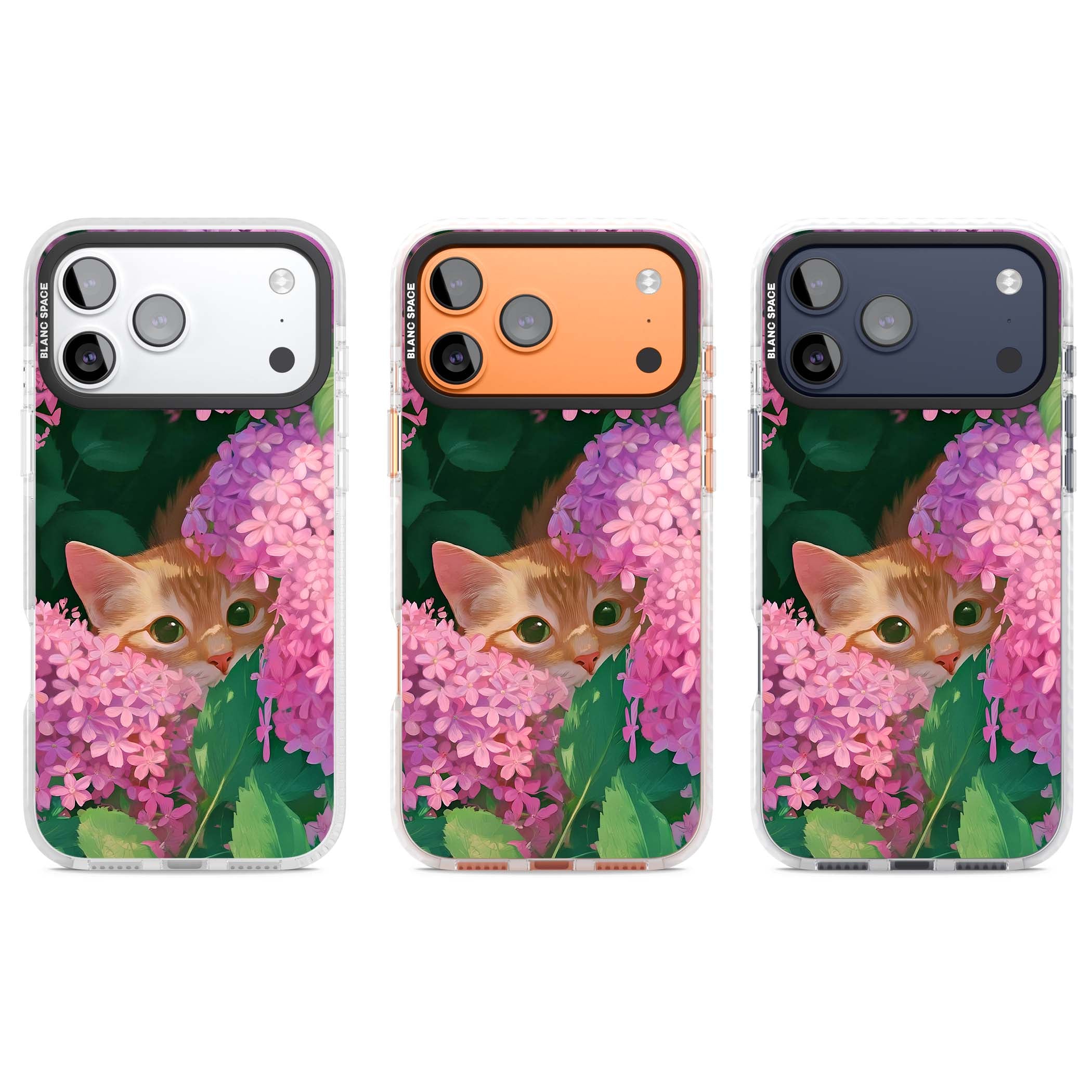 Cat In Pink Flowers cottagecore iPhone case featuring a ginger kitten peeking through lilac and pink hydrangea flo | Impact Magsafe case for iPhone 17 Pro, iPhone 17 Pro Max