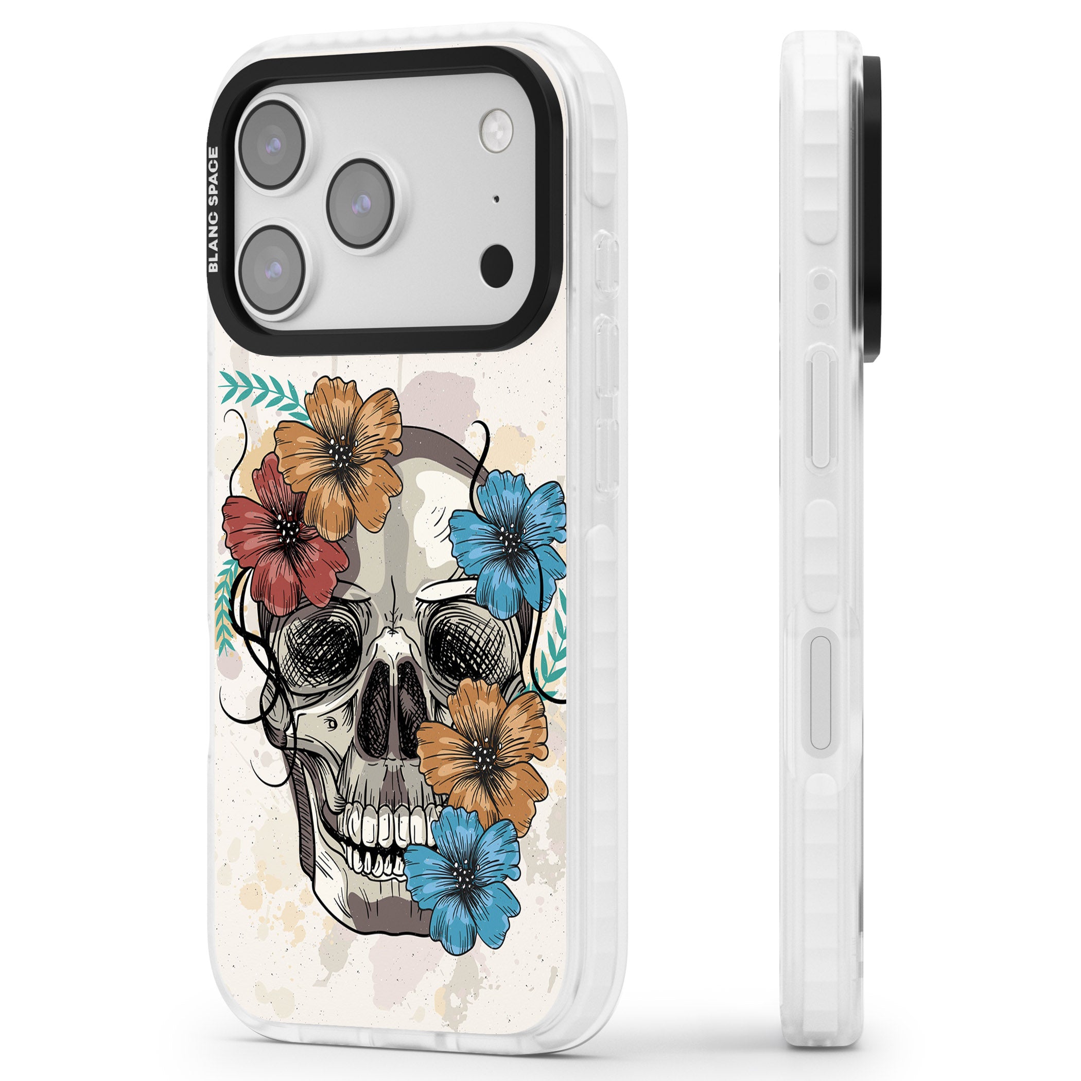 Sugar Skull Floral iPhone 17 Pro Impact Pro Clear Phone Case Side Profile