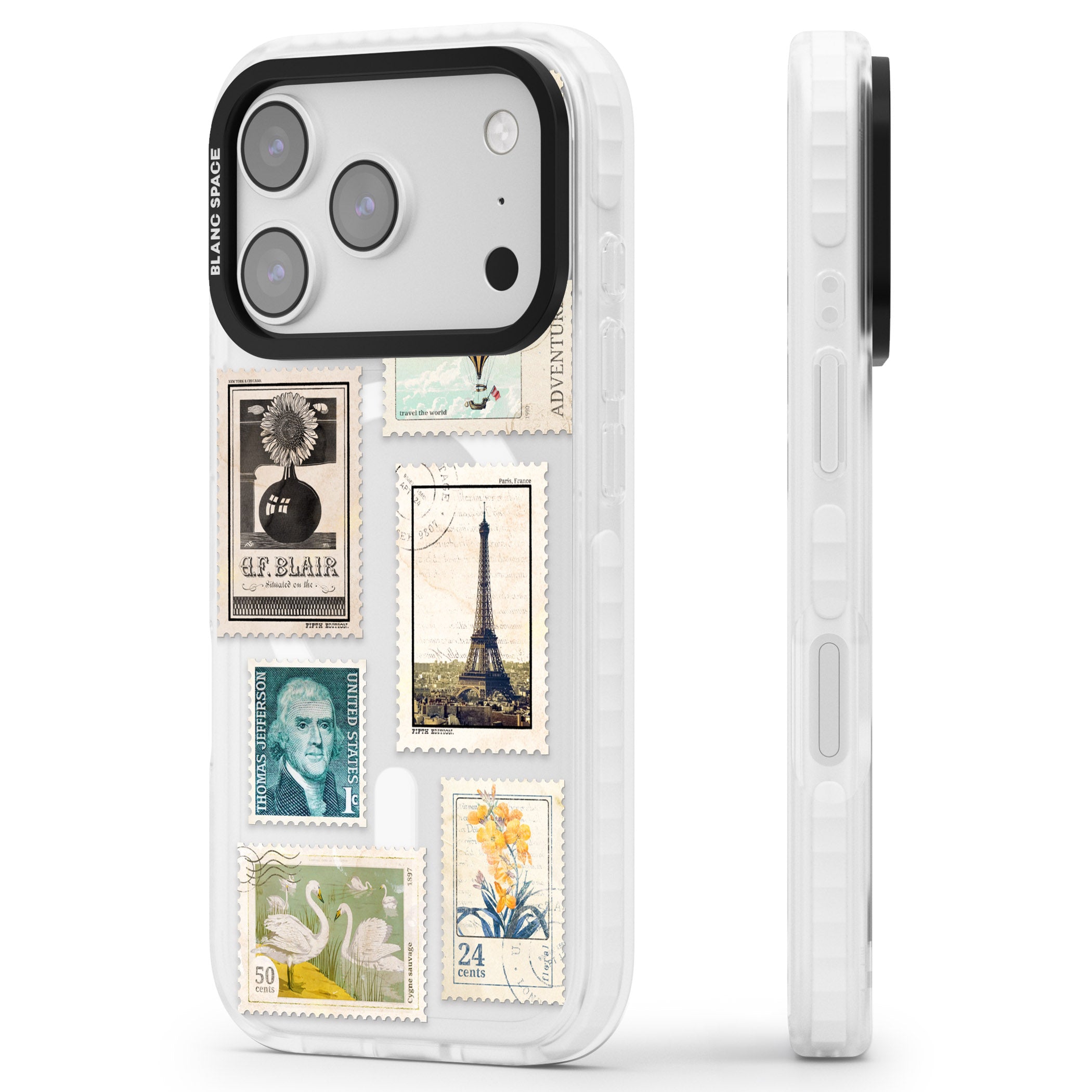 Vintage Stamps iPhone 17 Pro Impact Pro Clear Phone Case Side Profile