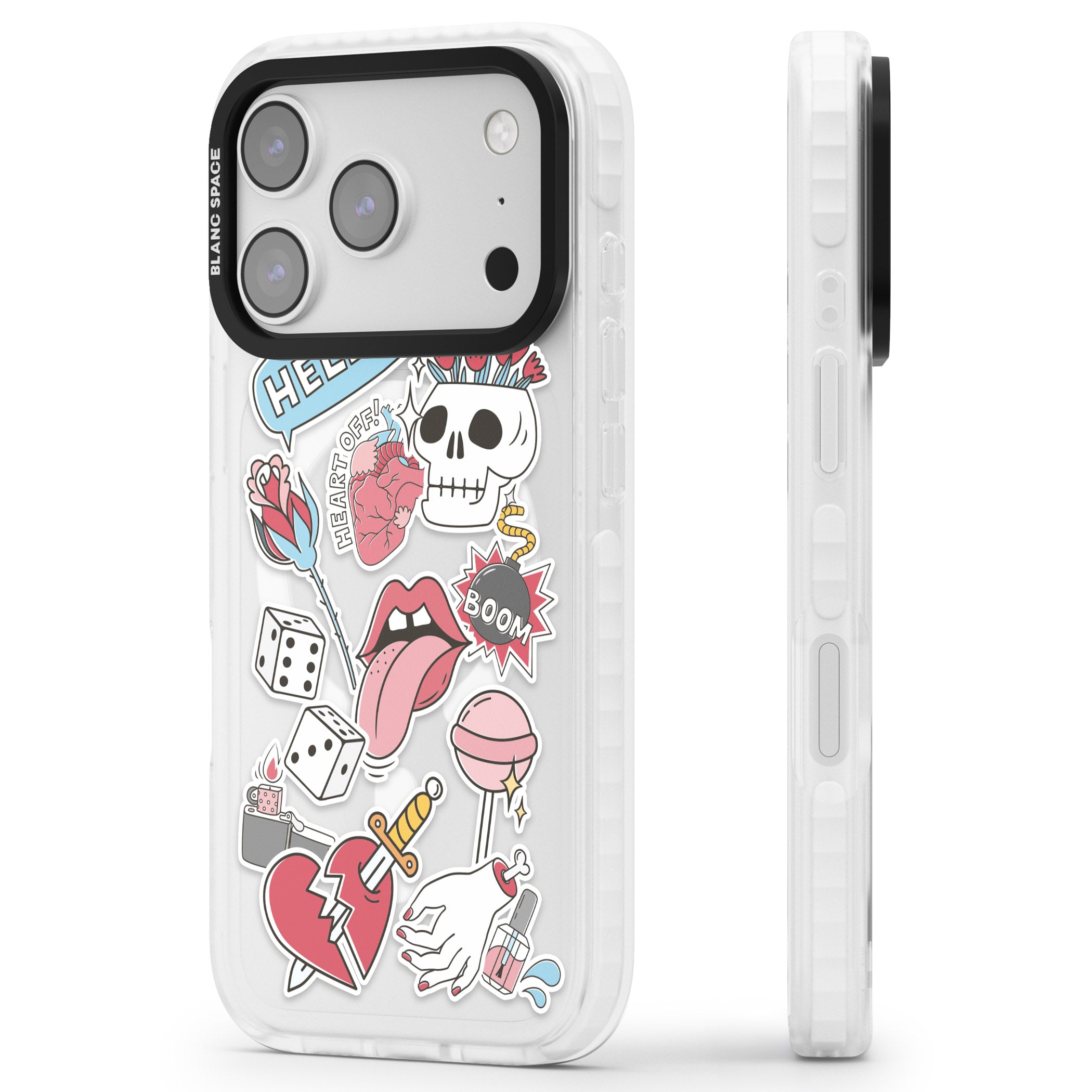 Skull & Flowers Stickers iPhone 17 Pro Impact Pro Clear Phone Case Side Profile