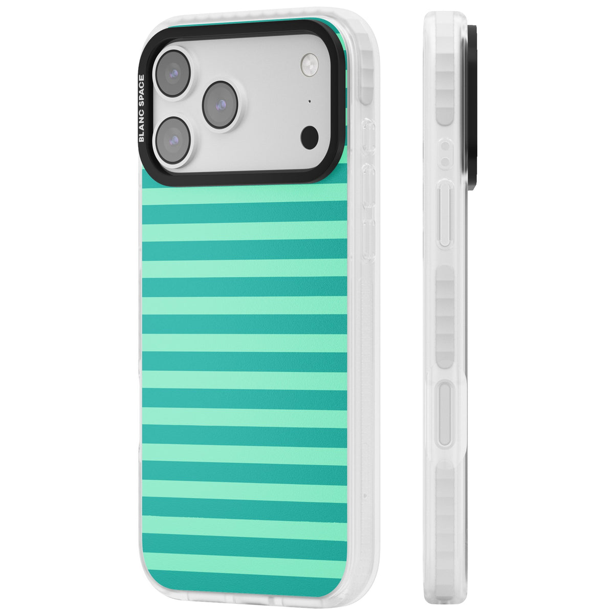 Turquoise Stripe preppy iPhone case featuring horizontal teal and mint green stripes on a black protective frame iPhone 17 Pro Max Impact Pro Clear Phone Case side